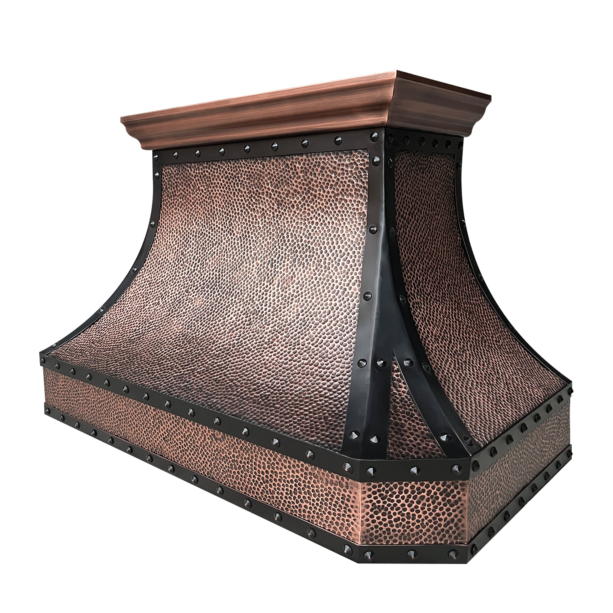 CKH hammered copper range hood with industrial riveted black accents, showcasing vintage industrial kitchen ventilation design.
