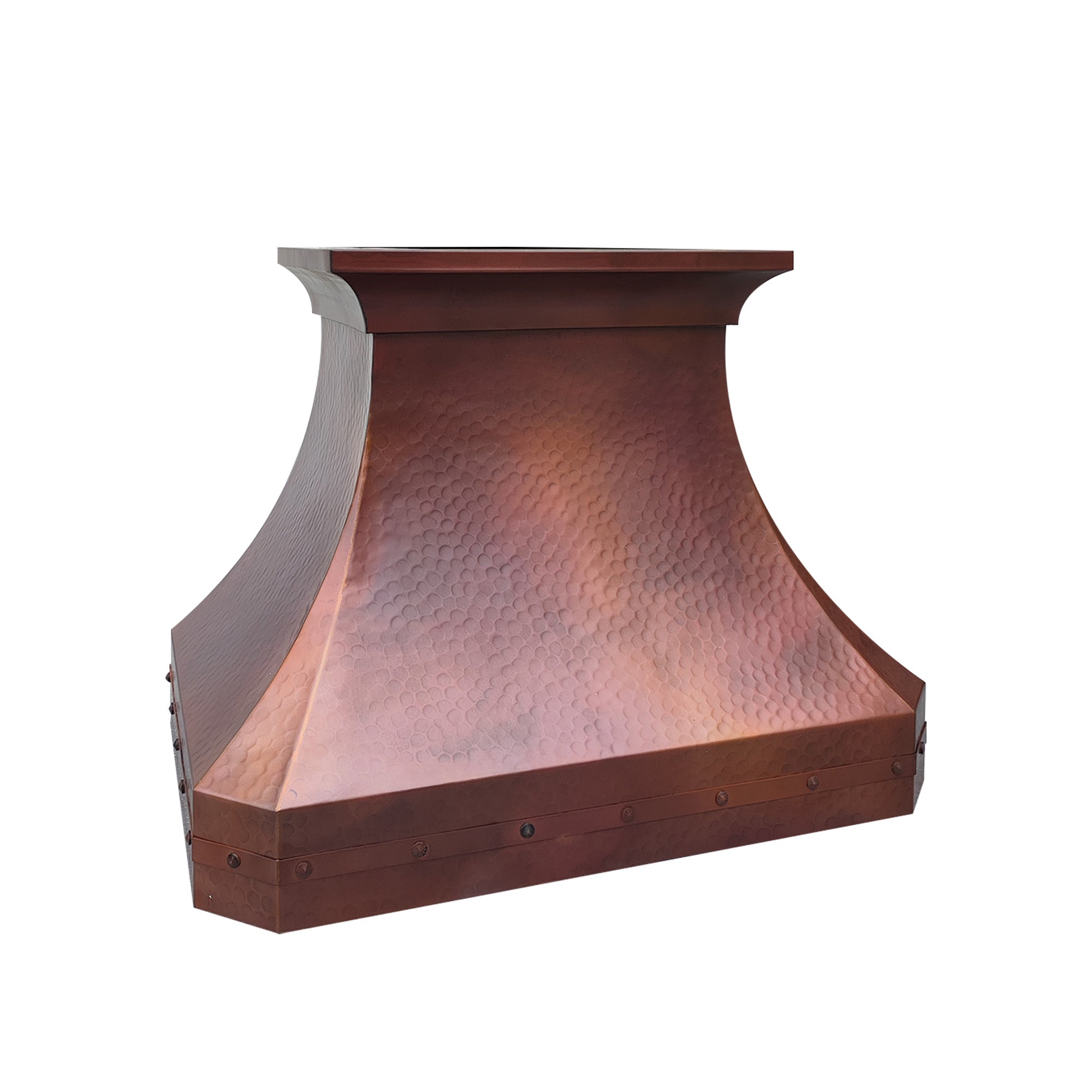 CKH copper vent hood with hand-hammered texture, elegant curved silhouette, and rich copper finish.