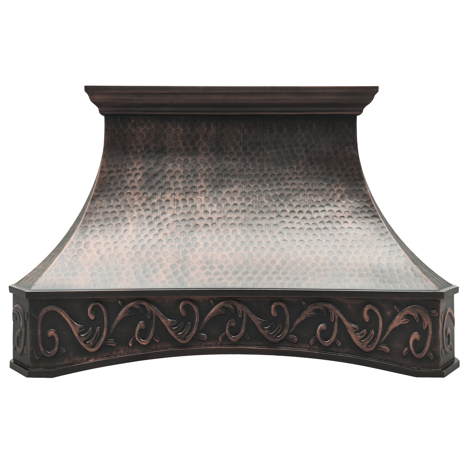 Hammered antique copper range hood with decorative scroll patterns, showcasing handcrafted texture and vintage elegance