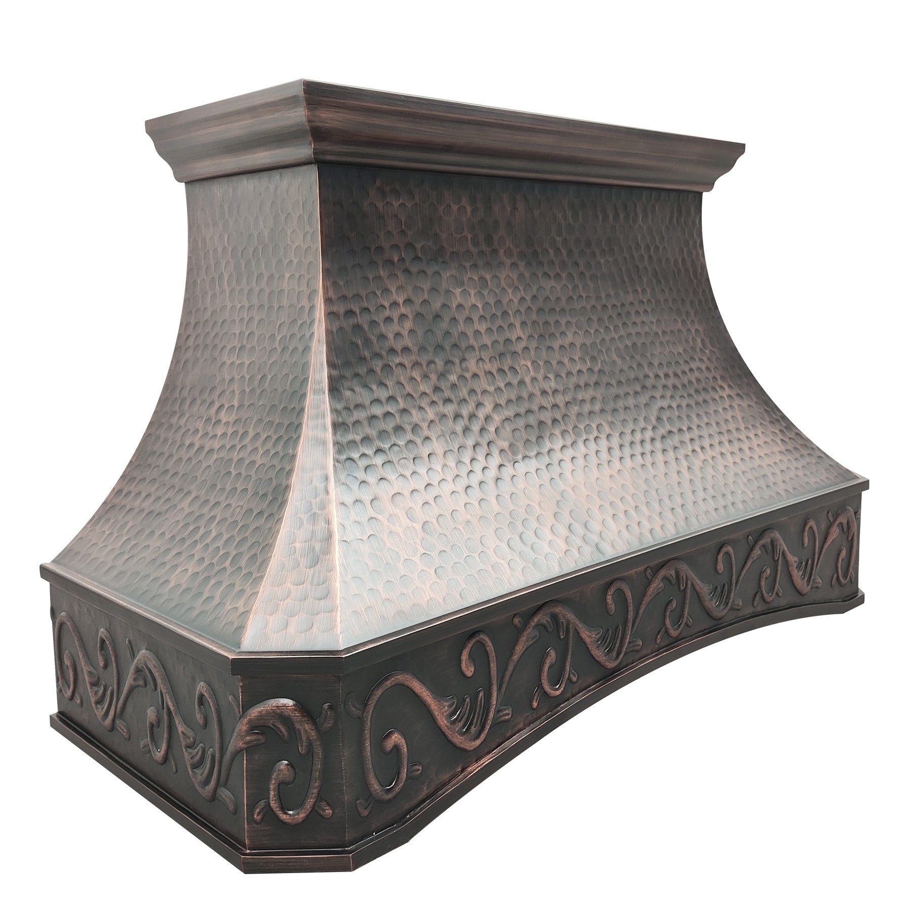 Hammered antique copper range hood with decorative scroll patterns, showcasing handcrafted texture and vintage elegance