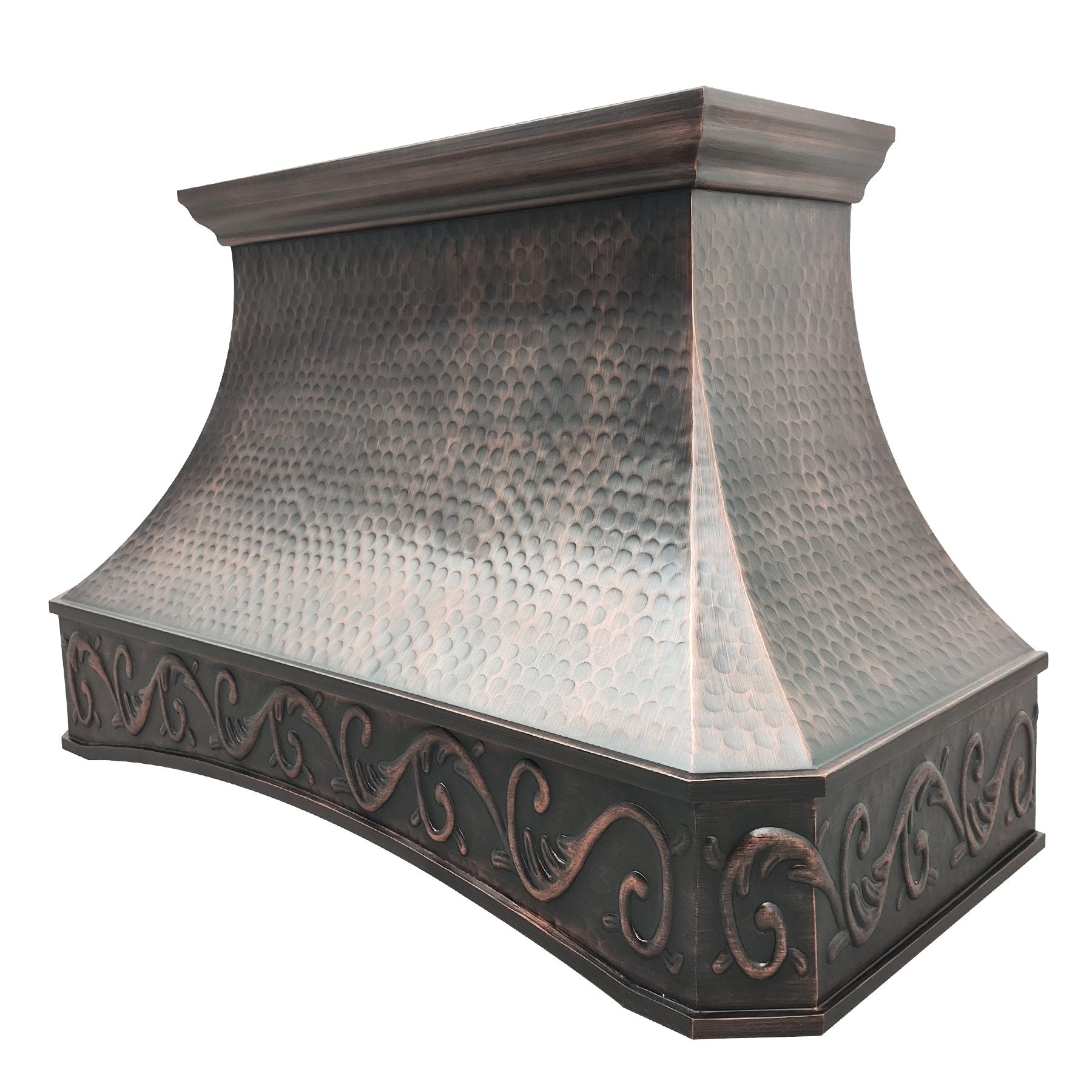 Hammered antique copper range hood with decorative scroll patterns, showcasing handcrafted texture and vintage elegance