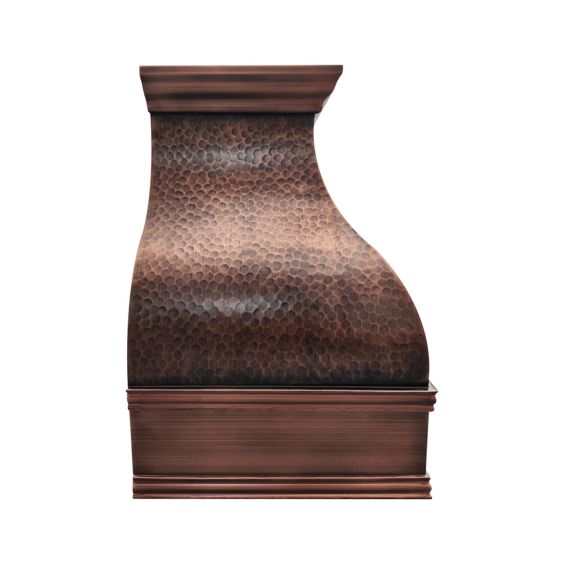 CKH copper vent hood featuring hand-hammered texture, a gracefully curved silhouette for timeless kitchen elegance.