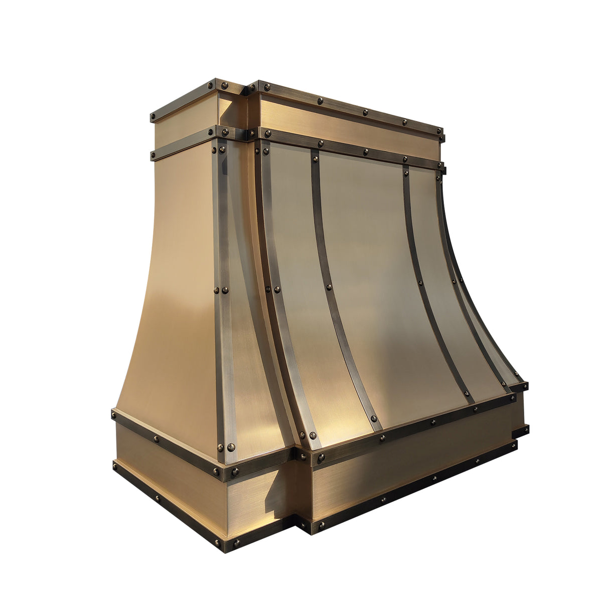 CKH industrial brass range hood with antique brass straps and rivets