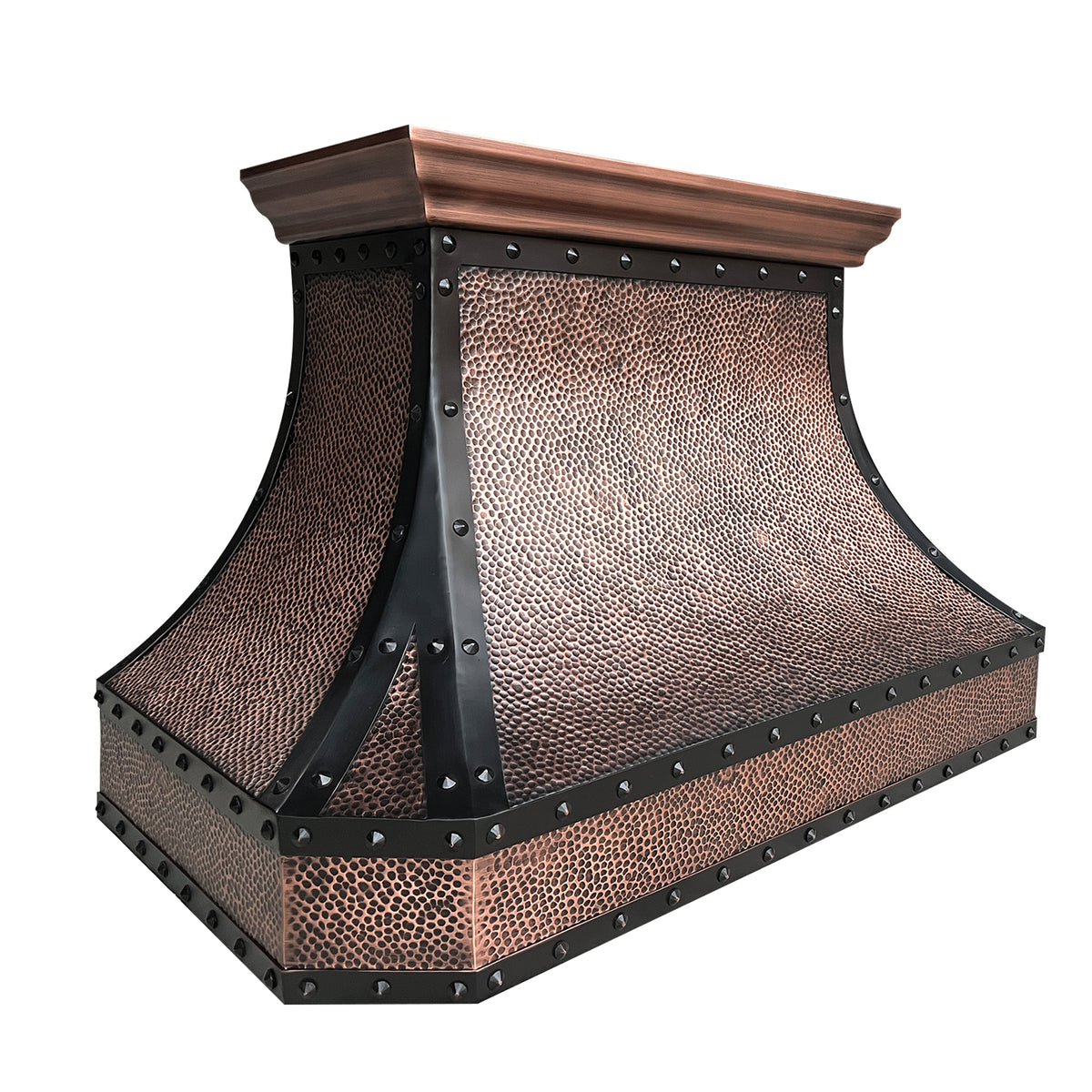 CKH hammered copper range hood with industrial riveted black accents