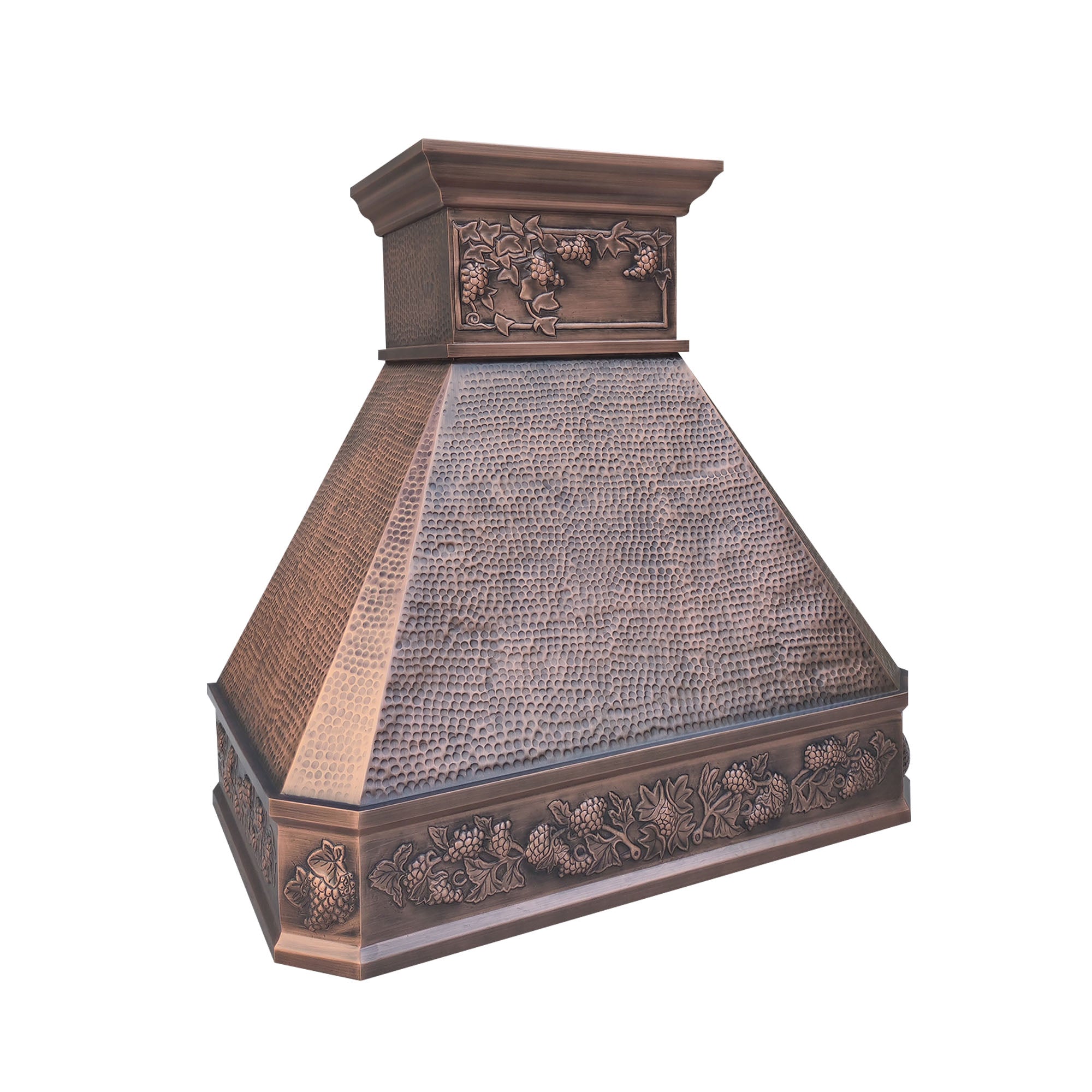 CKH handcrafted copper range hood with intricate grapevine floral detailing and hand-hammered texture