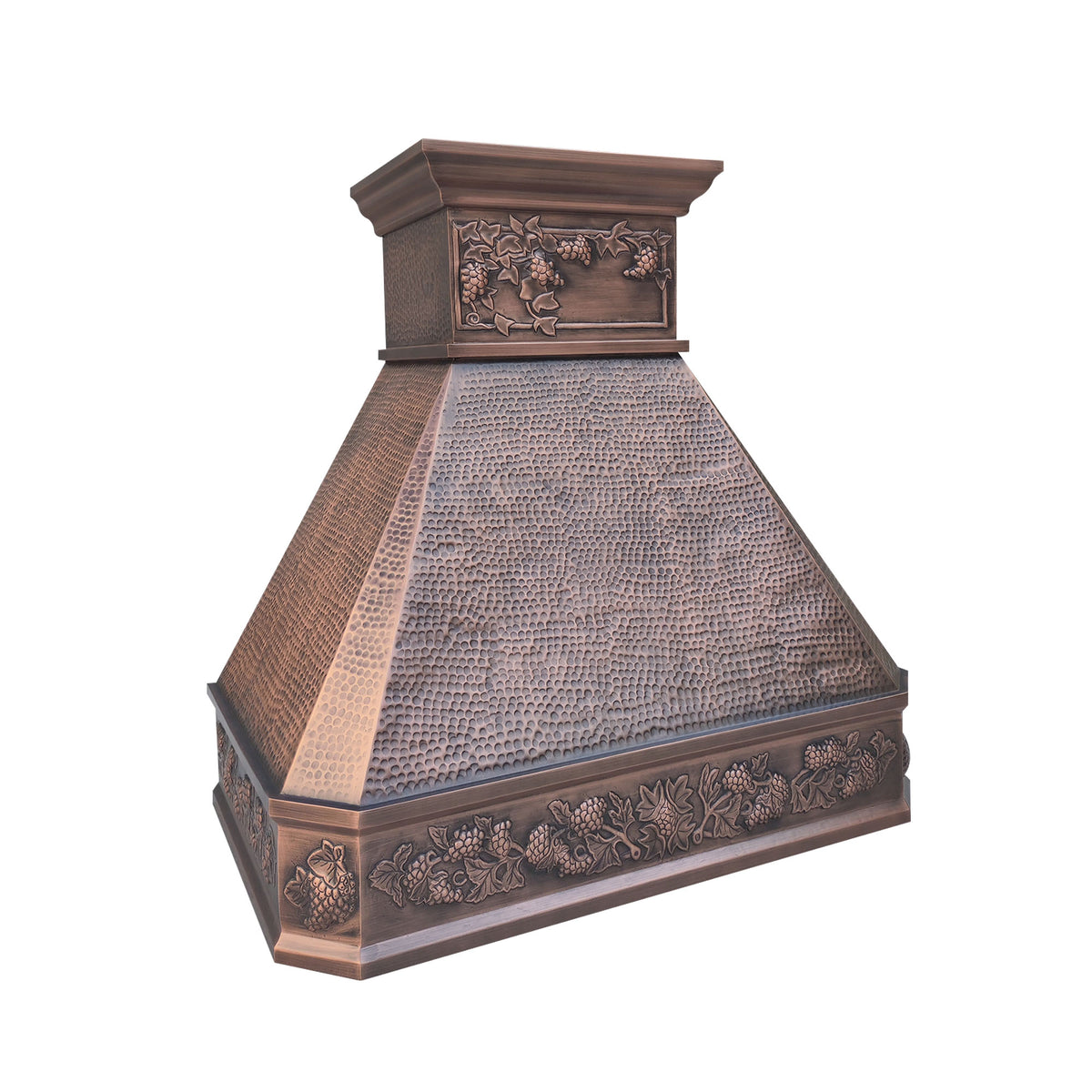 CKH handcrafted copper range hood with intricate grapevine floral detailing and hand-hammered texture