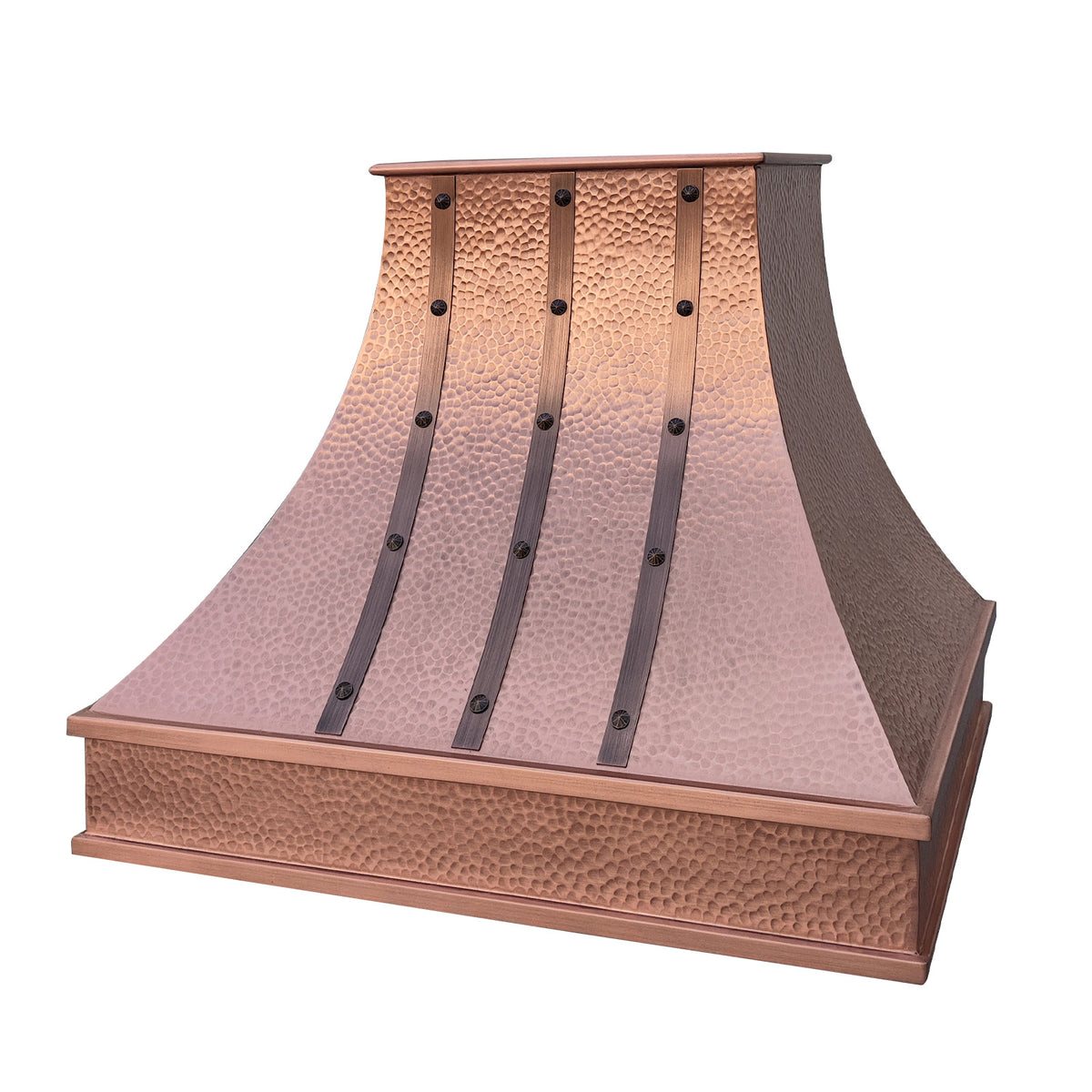 handcrafted hammered copper range hood with riveted accents