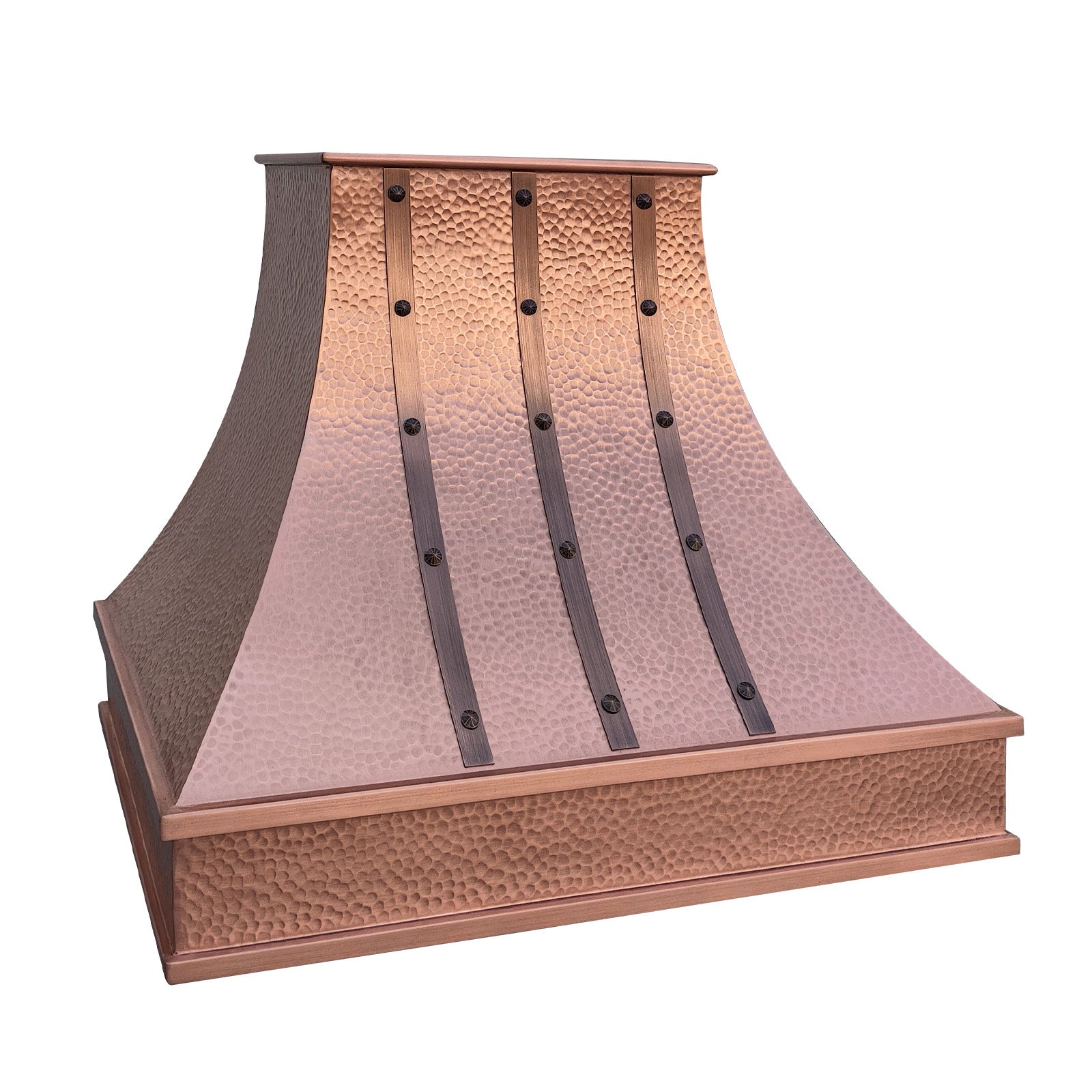 CKH handcrafted hammered copper range hood with riveted accents, showcasing vintage industrial kitchen ventilation design.