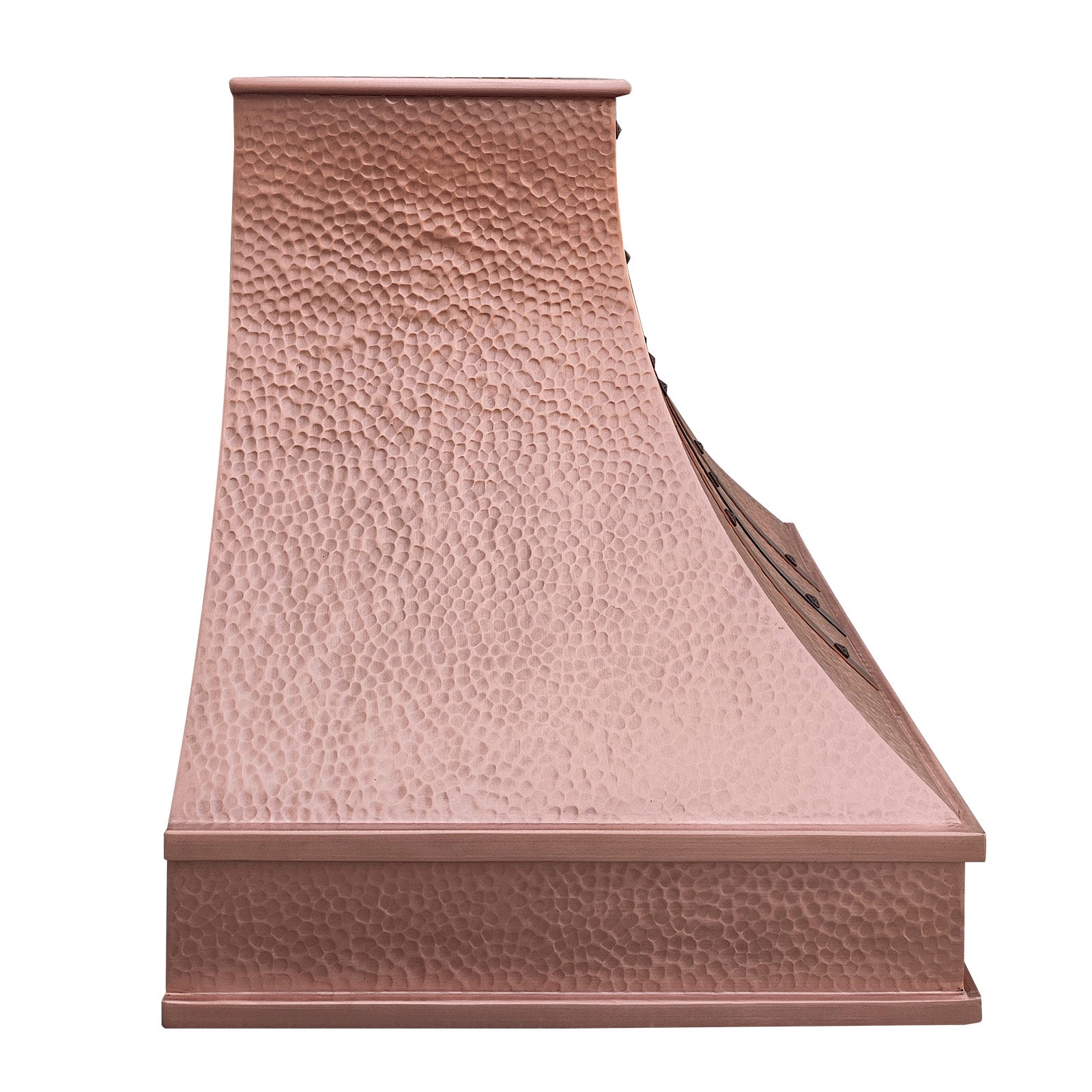 CKH handcrafted hammered copper range hood with riveted accents, showcasing vintage industrial kitchen ventilation design.