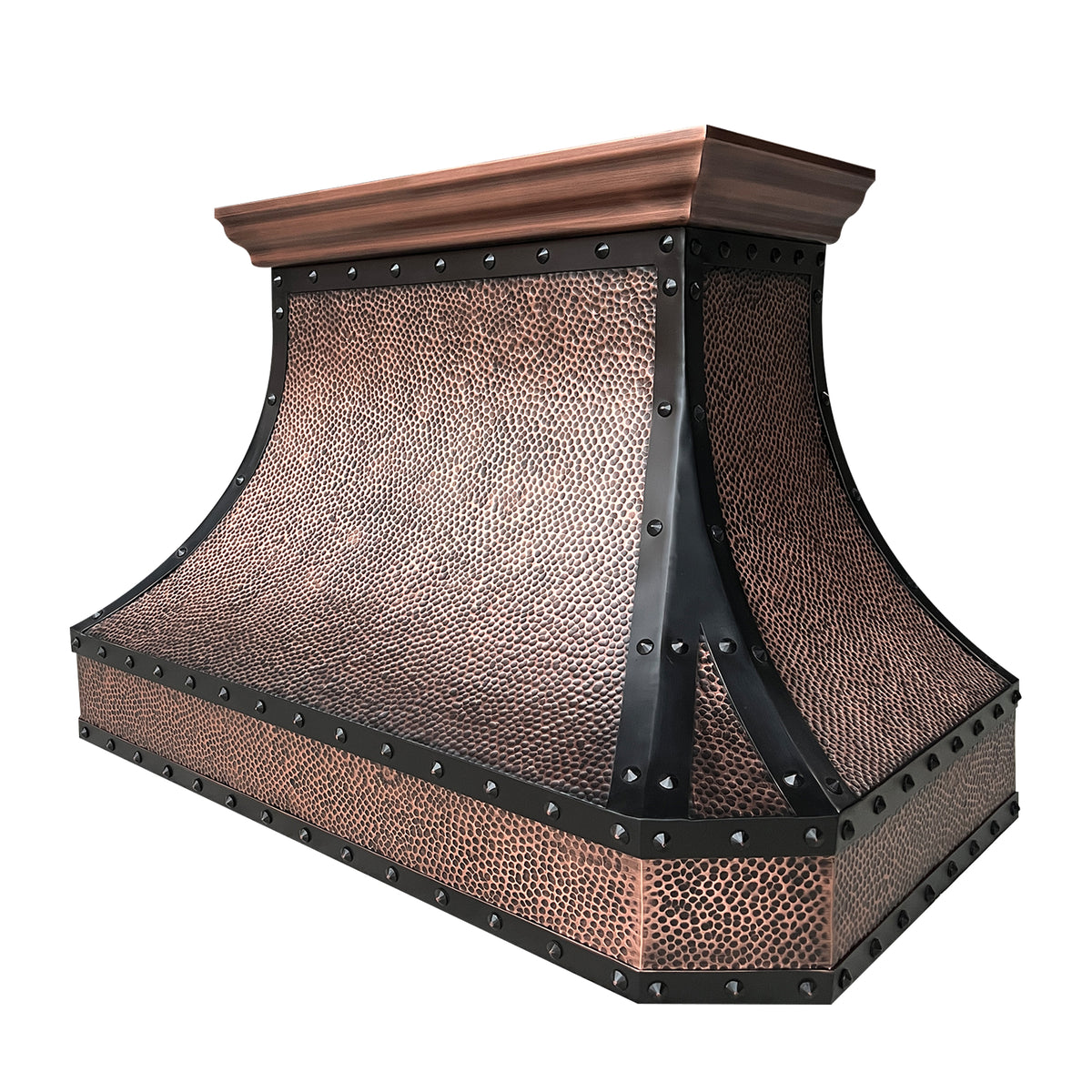 CKH hammered copper kitchen vent hood with industrial rivets