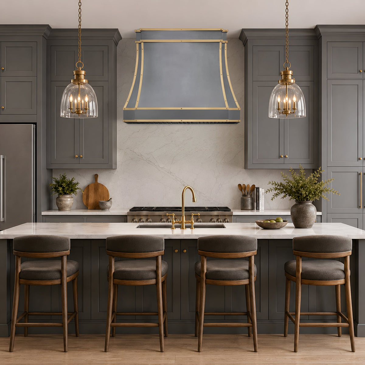 a custom kitchen zinc range hood in a modern kitchen island setup 