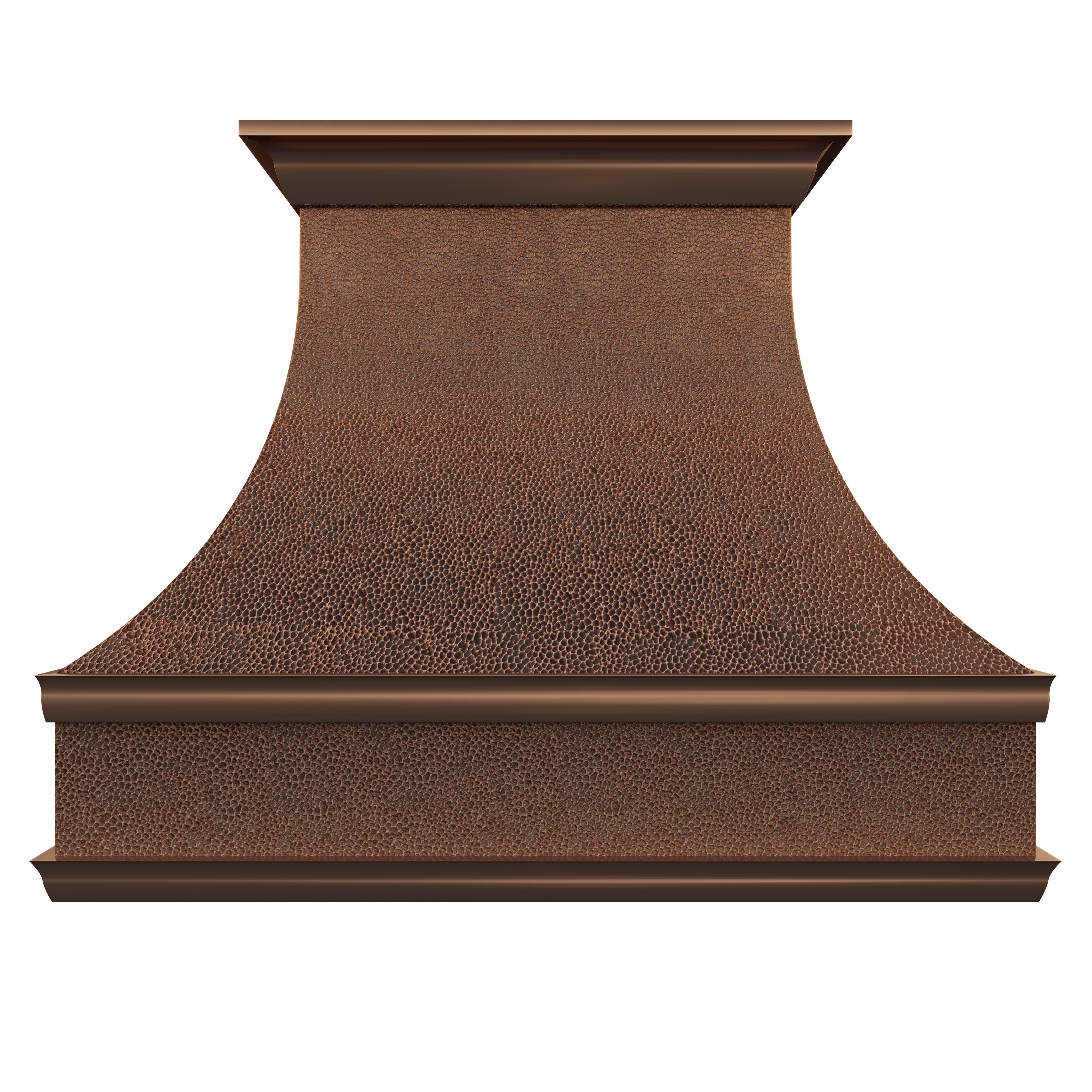Handmade curved waist copper hood with hammered texture & tiered trim, elevating rustic elegant kitchen designs