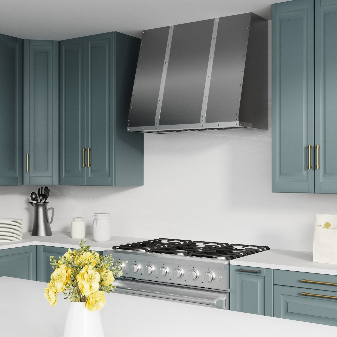 Modern kitchen with teal cabinets, stainless steel range hood, and stove.