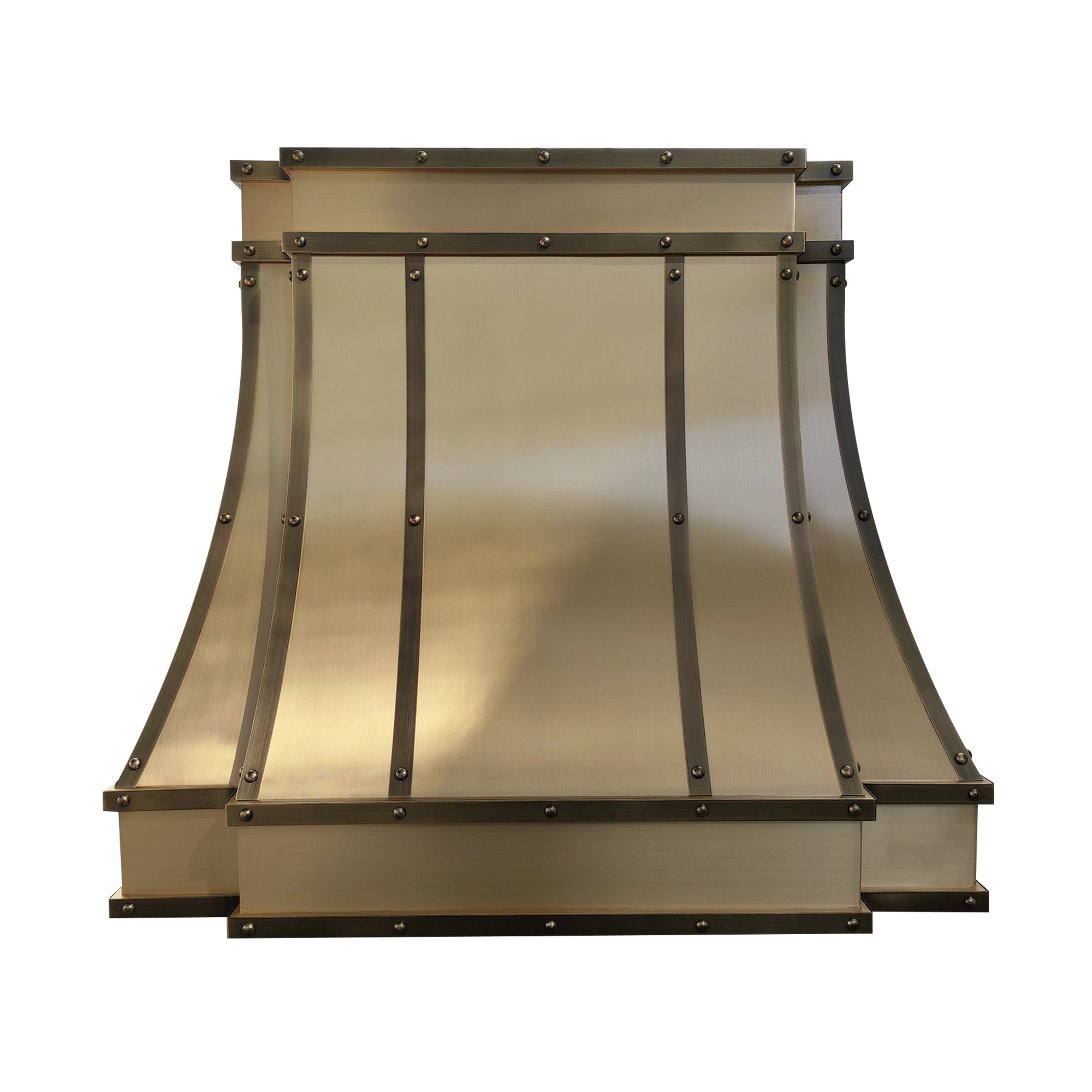 CKH industrial brass range hood with dark accent trim, showcasing premium kitchen ventilation design.