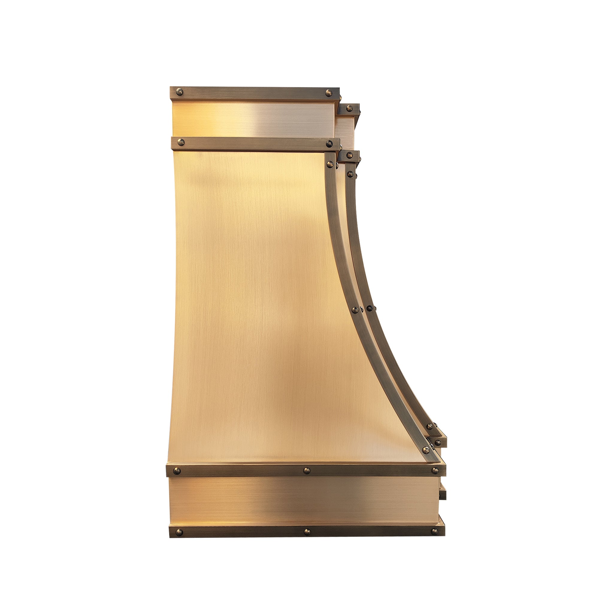 CKH industrial brass range hood with dark accent trim, showcasing premium kitchen ventilation design.
