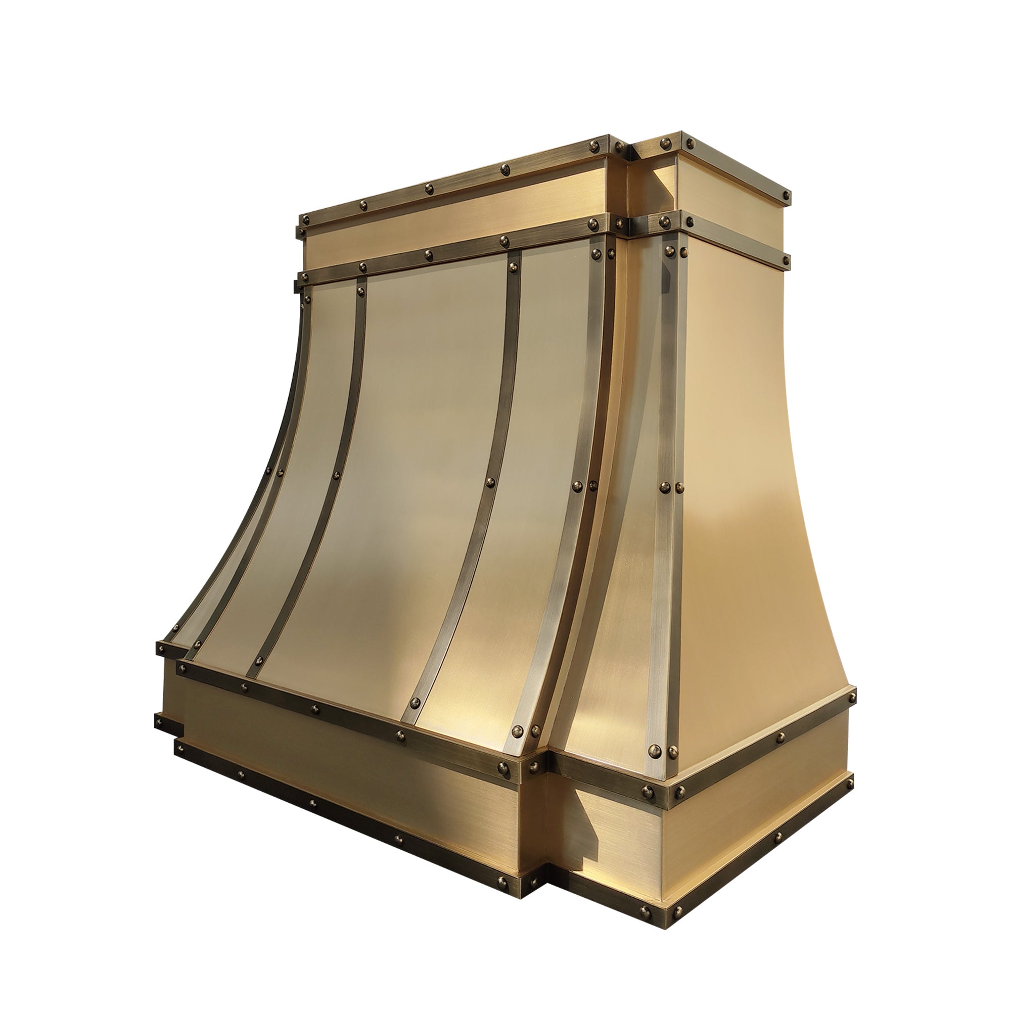 CKH industrial brass range hood with dark accent trim, showcasing premium kitchen ventilation design.