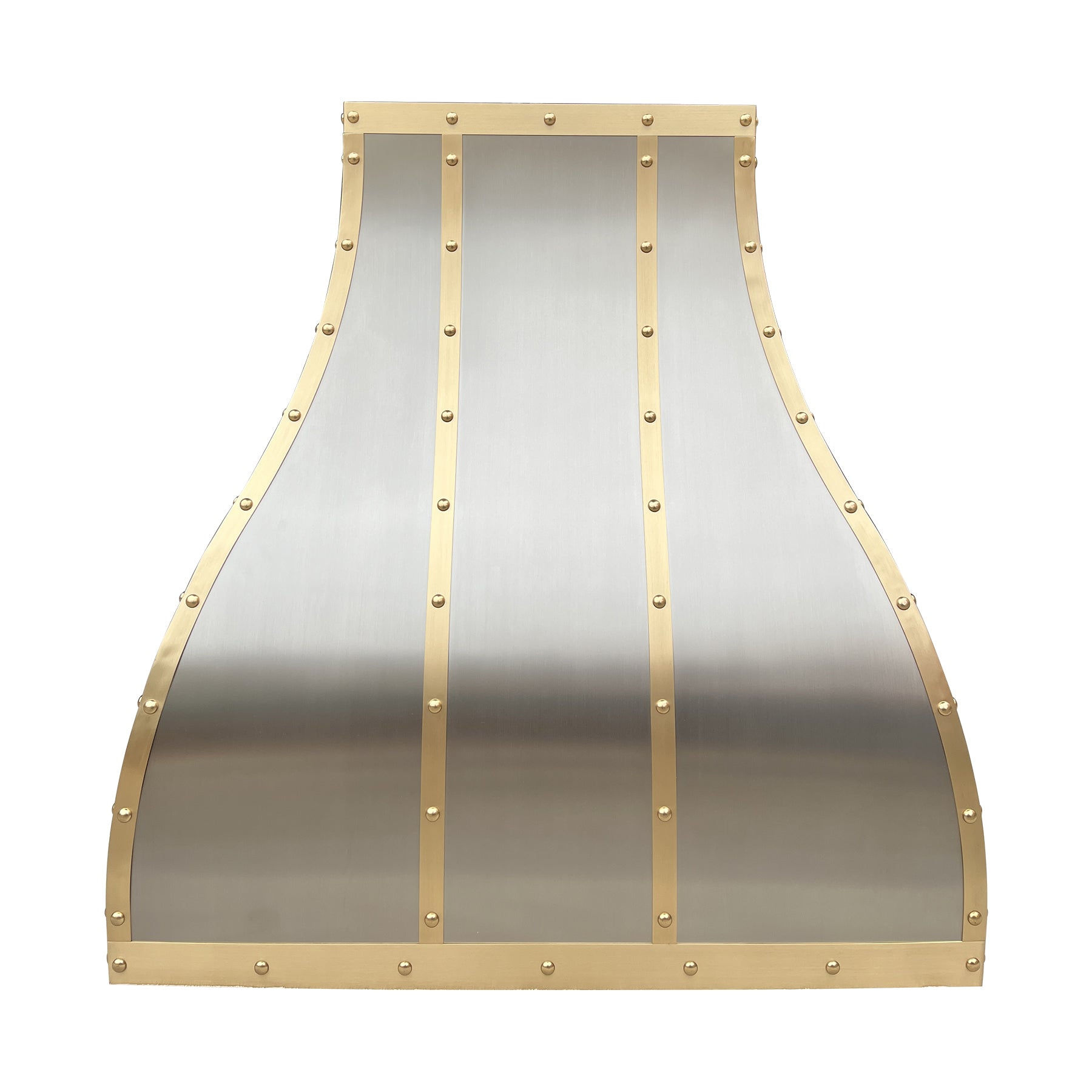 CKH industrial stainless steel range hood with brass rivet accents, showcasing industrial-chic kitchen ventilation design.
