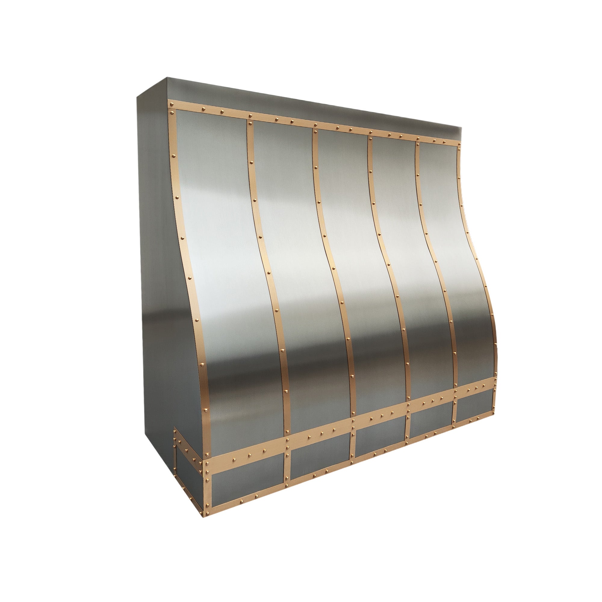 CKH stainless steel range hood with brass rivet accents and vertical brass strips, exhibiting an industrial-inspired design and sleek metal craftsmanship.