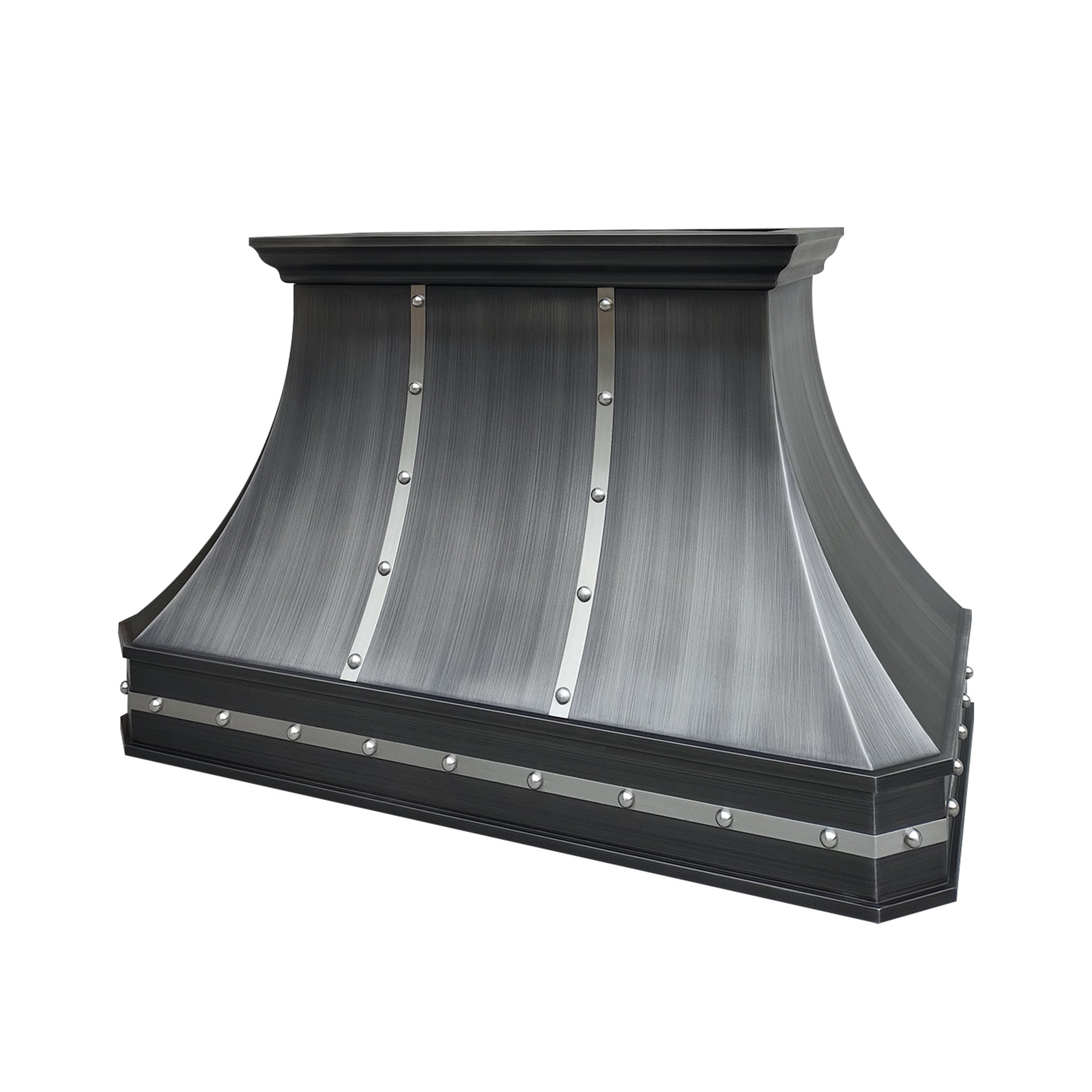 CKH zinc kitchen hood (Z12) featuring a brushed finish, rivet detailing, and an industrial-inspired curved silhouette for bold kitchen style.