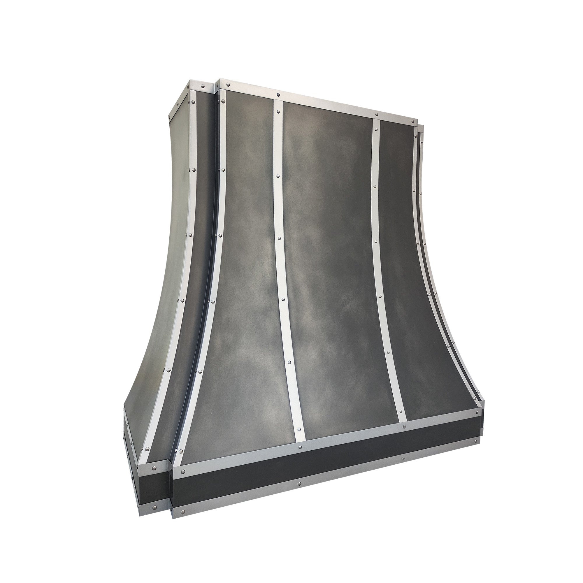 CKH industrial zinc range hood with metal rivet accents, showcasing industrial-chic kitchen ventilation design.