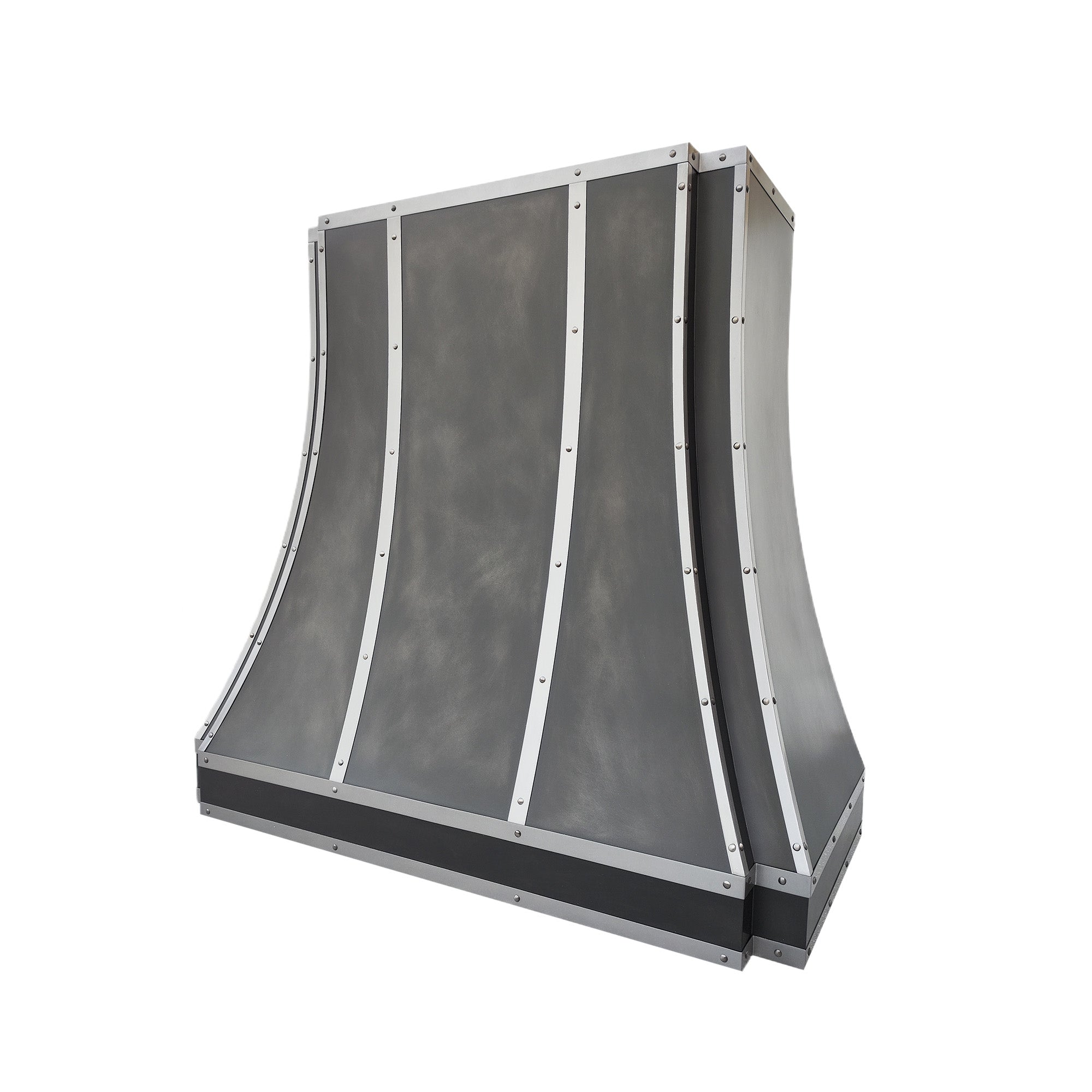 CKH industrial zinc range hood with metal rivet accents, showcasing industrial-chic kitchen ventilation design.