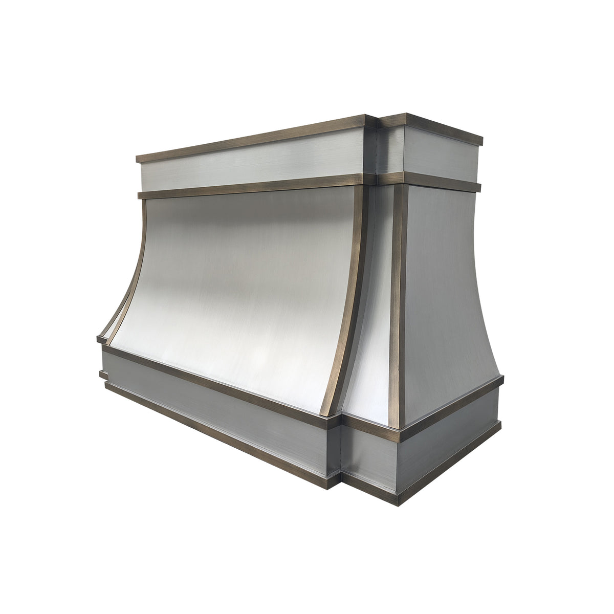 brushed stainless steel kitchen range hood with antique brass detailing