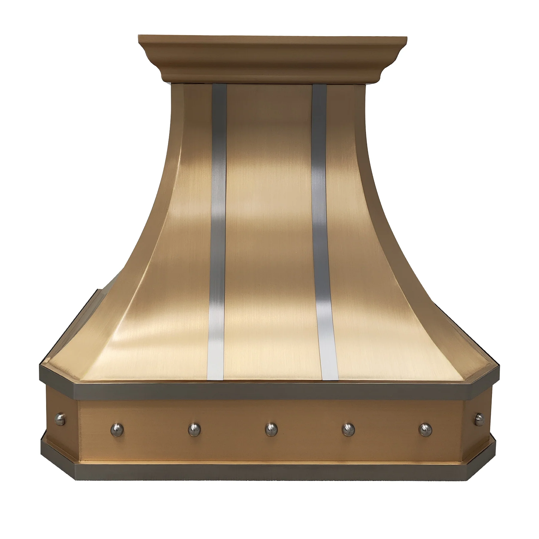 curved brass range hood with stainless steel straps
