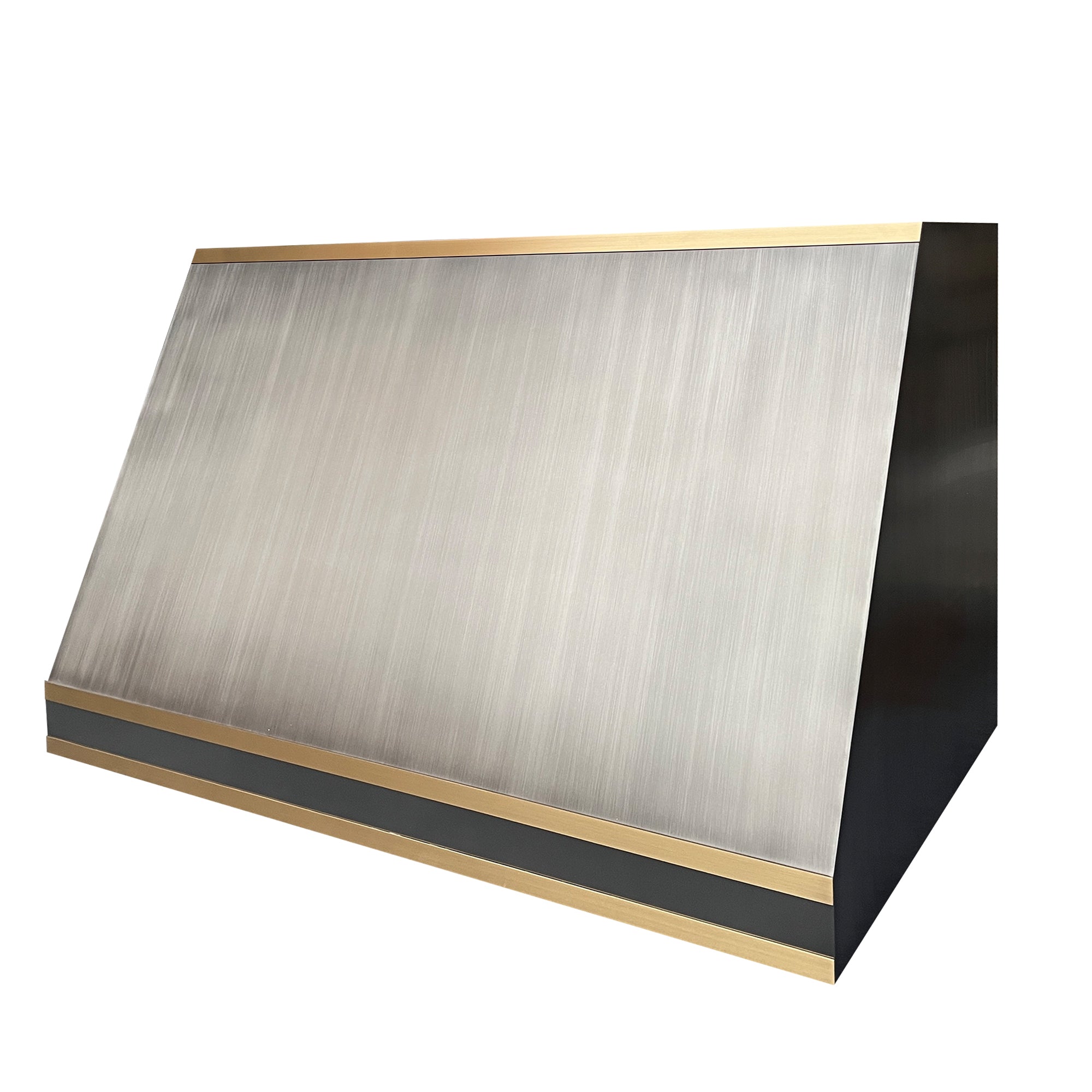 CKH minimalist zinc range hood with brass accents, showcasing sleek kitchen ventilation design.
