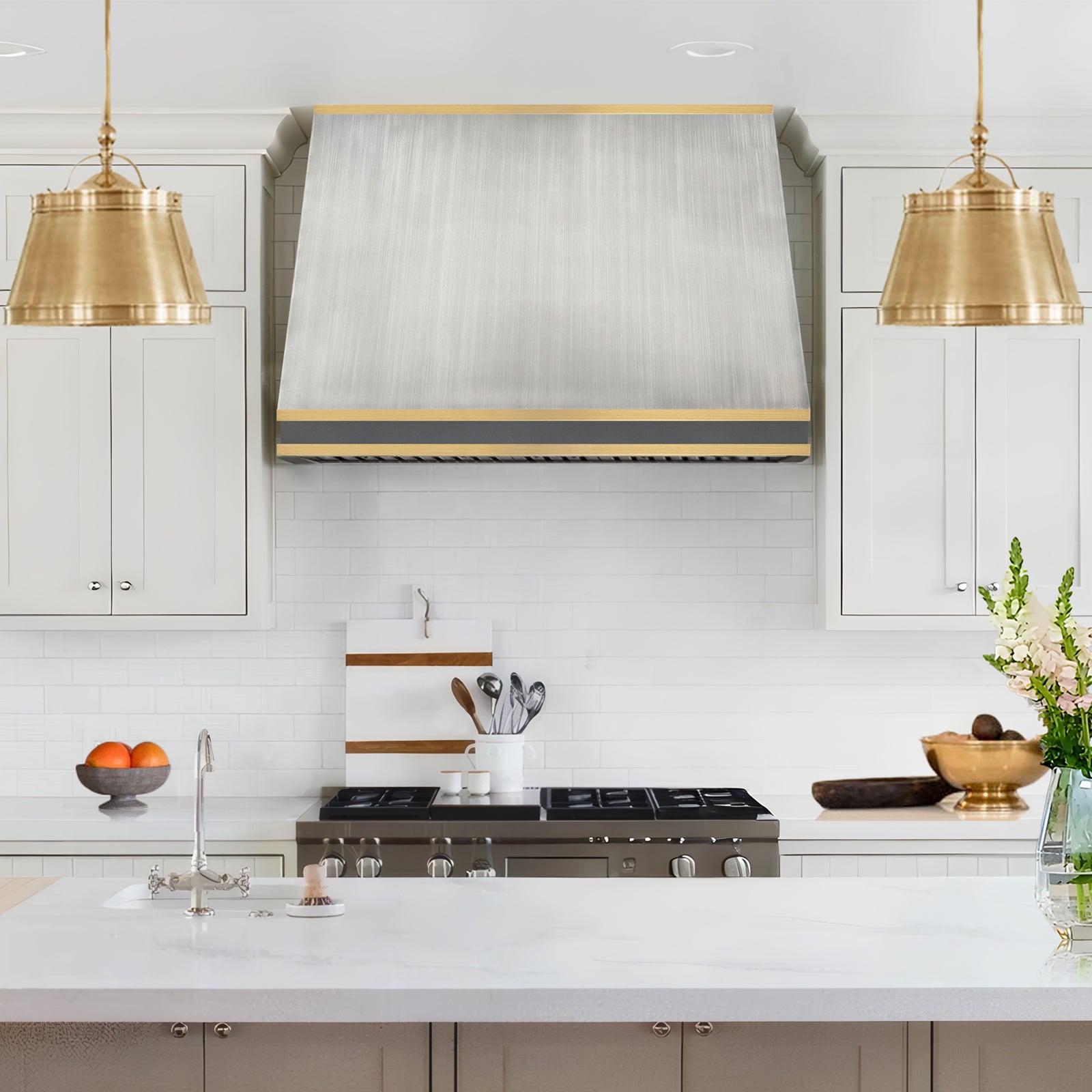 CKH minimalist zinc range hood with brass accents, showcasing sleek kitchen ventilation design.