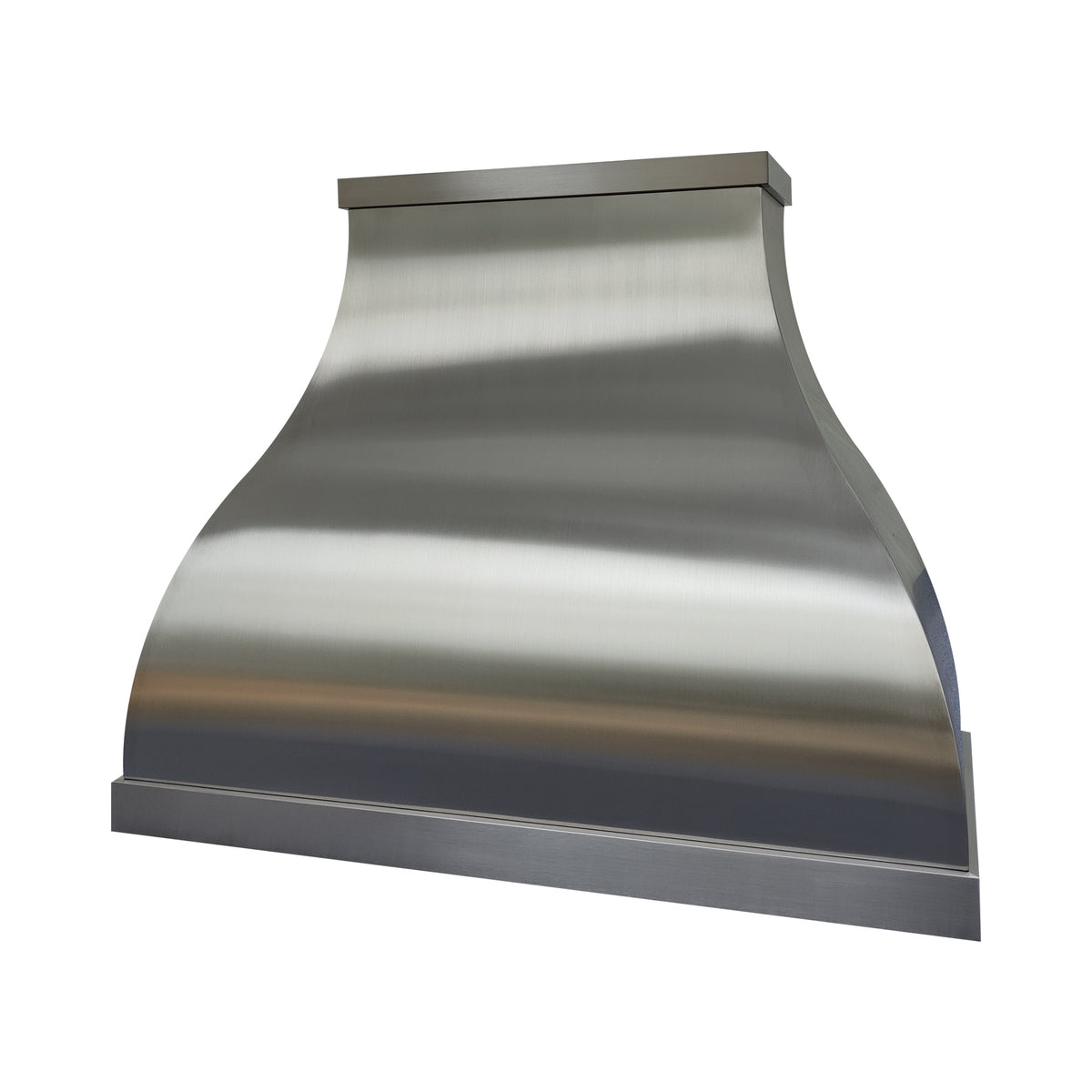Brushed stainless steel range hood with a smooth, modern curved design, ideal for contemporary kitchen
