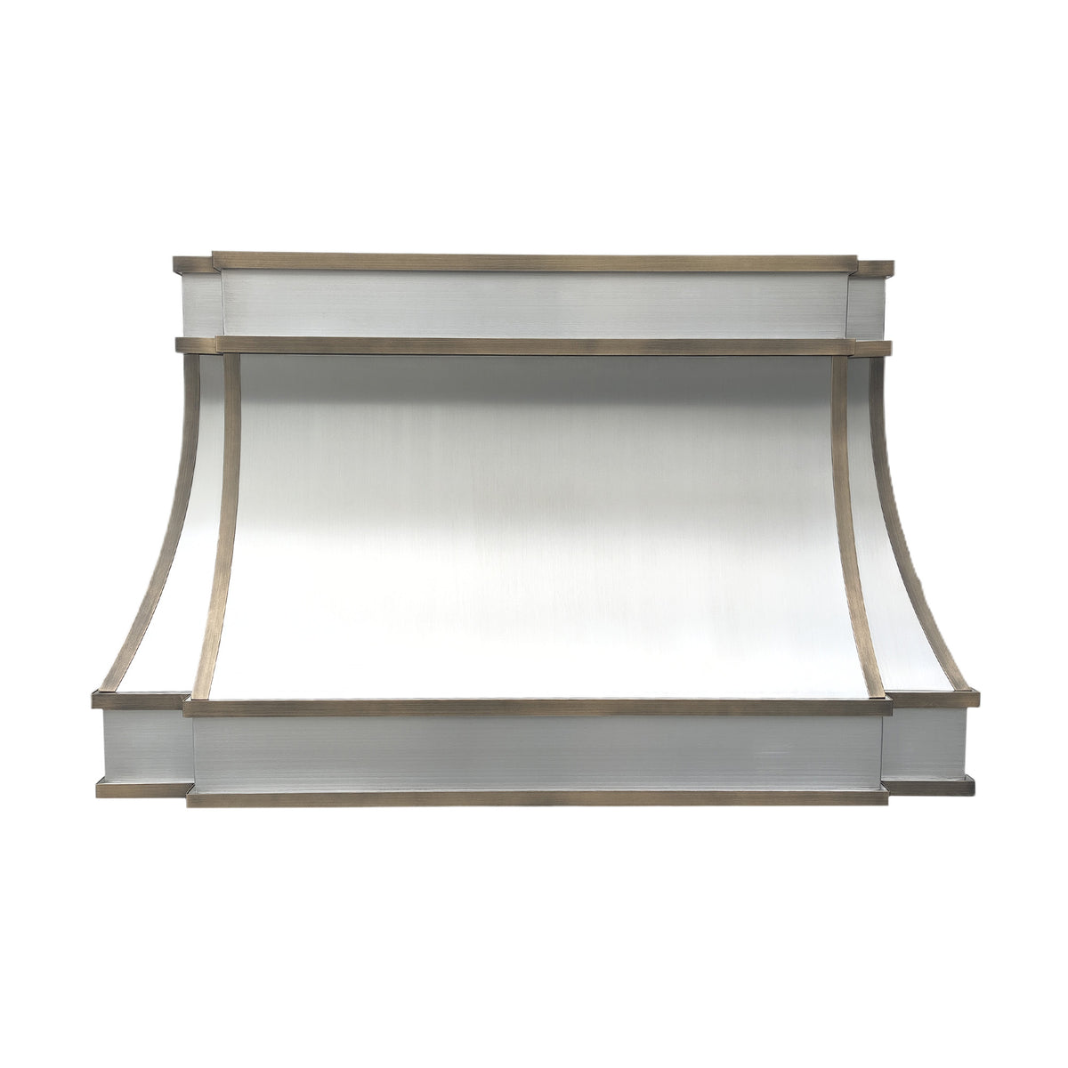 Modern luxury stainless steel kitchen hood with brass accents for contemporary kitchens.