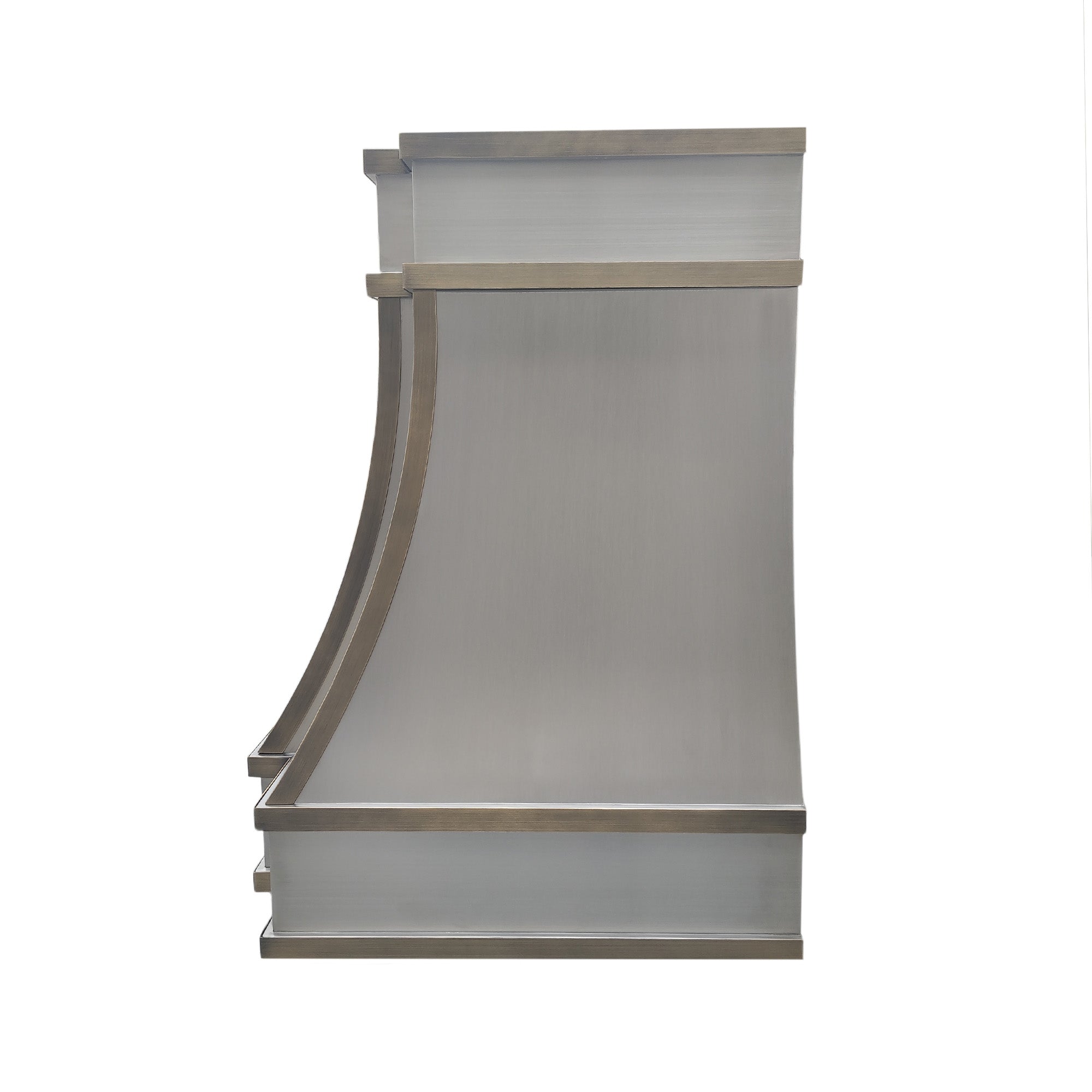 Modern luxury stainless steel kitchen hood with brass accents for contemporary kitchens.