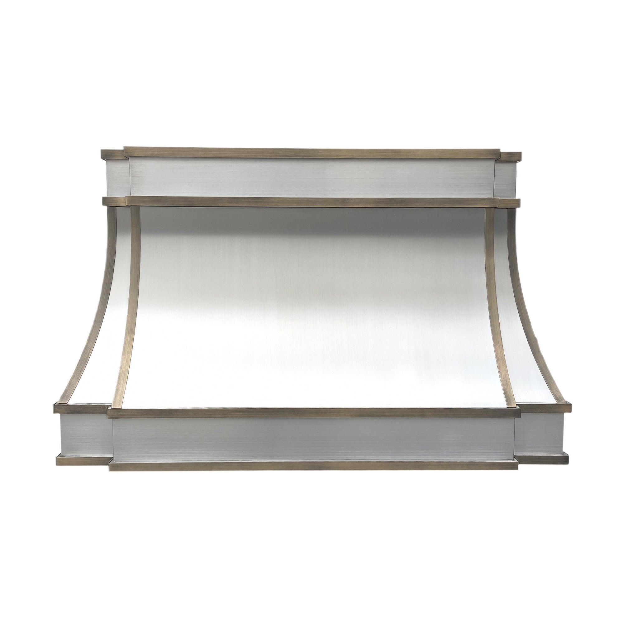 Modern luxury stainless steel kitchen hood with brass accents for contemporary kitchens.