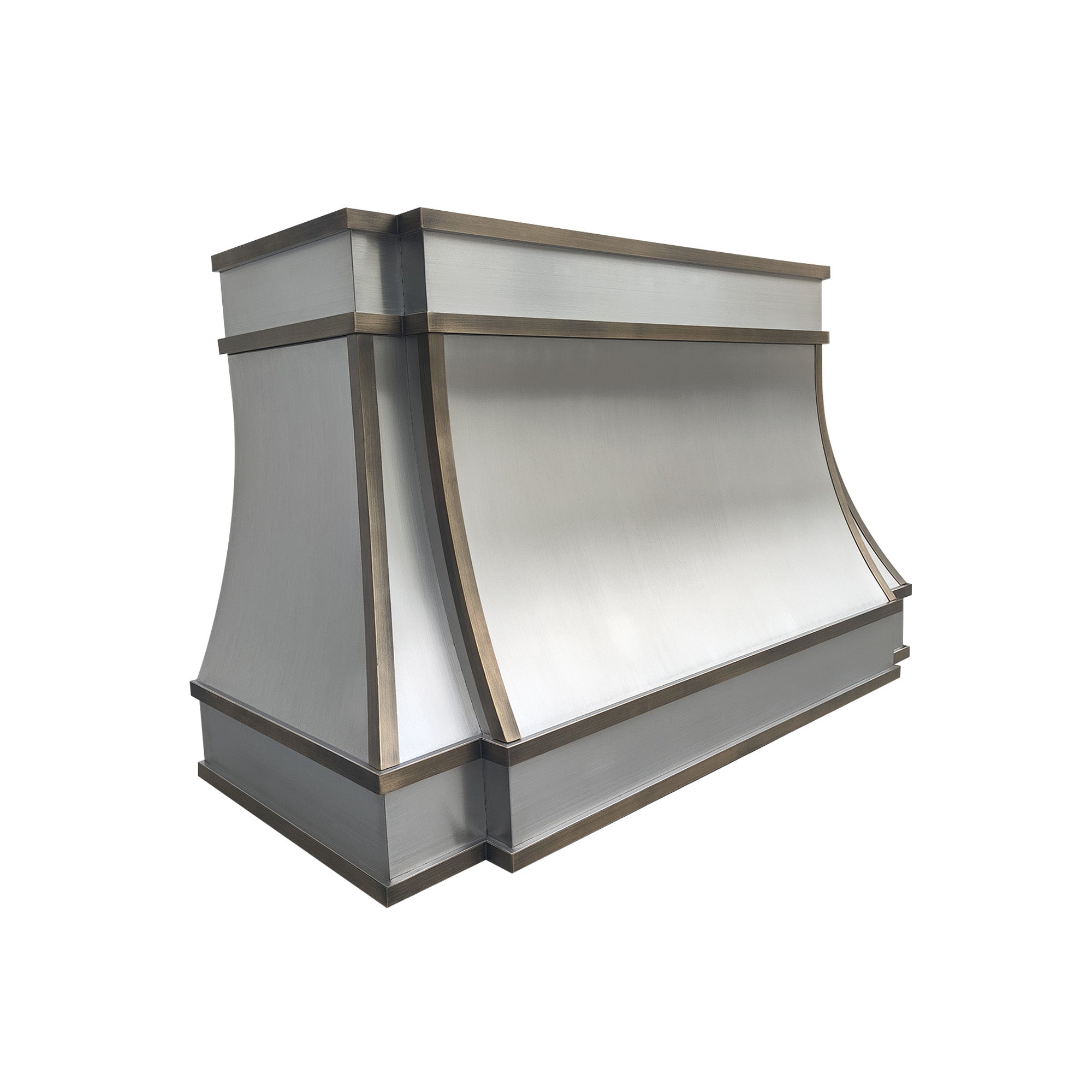 Modern luxury stainless steel kitchen hood with brass accents for contemporary kitchens.