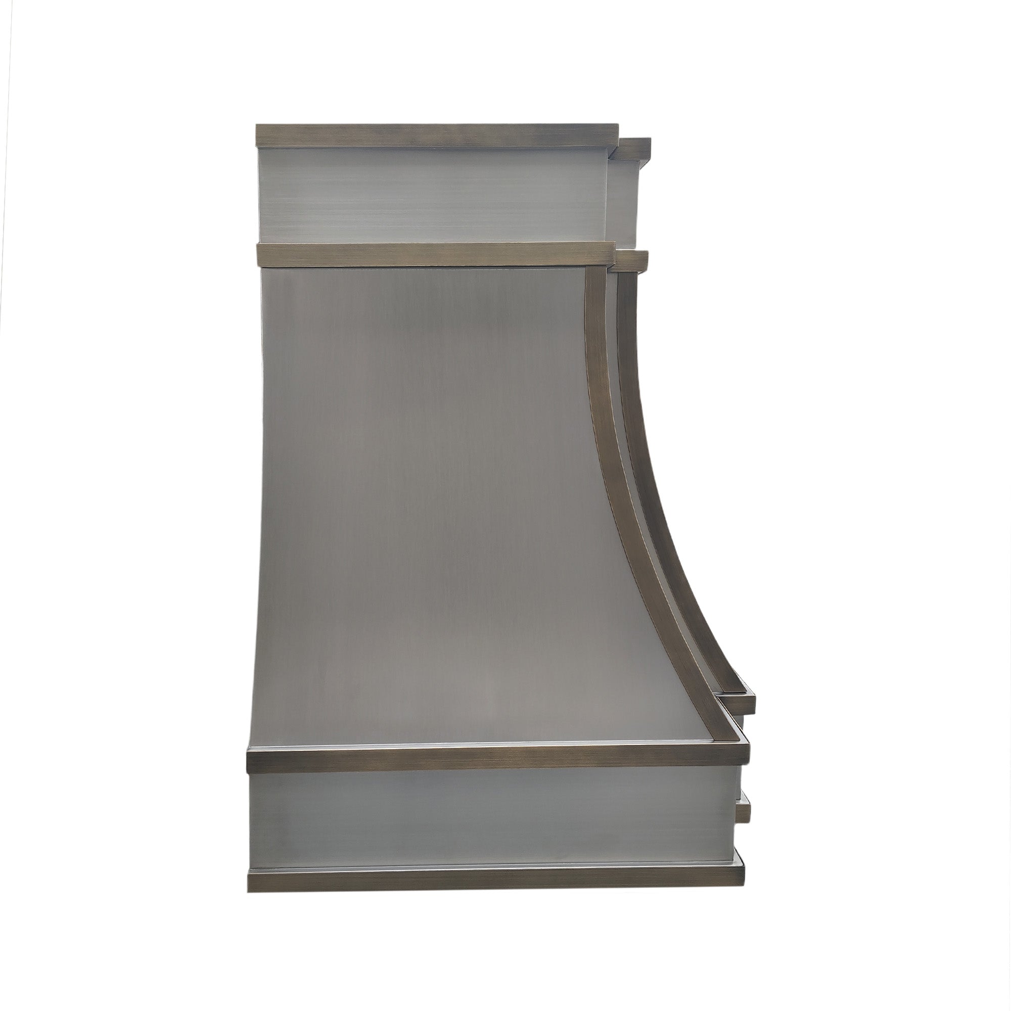 Modern luxury stainless steel kitchen hood with brass accents for contemporary kitchens.