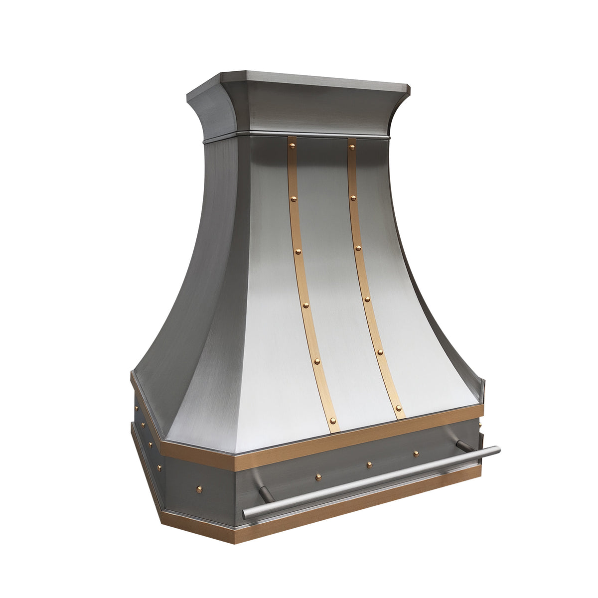 stainless steel range hood with brass accents and rivet detailing