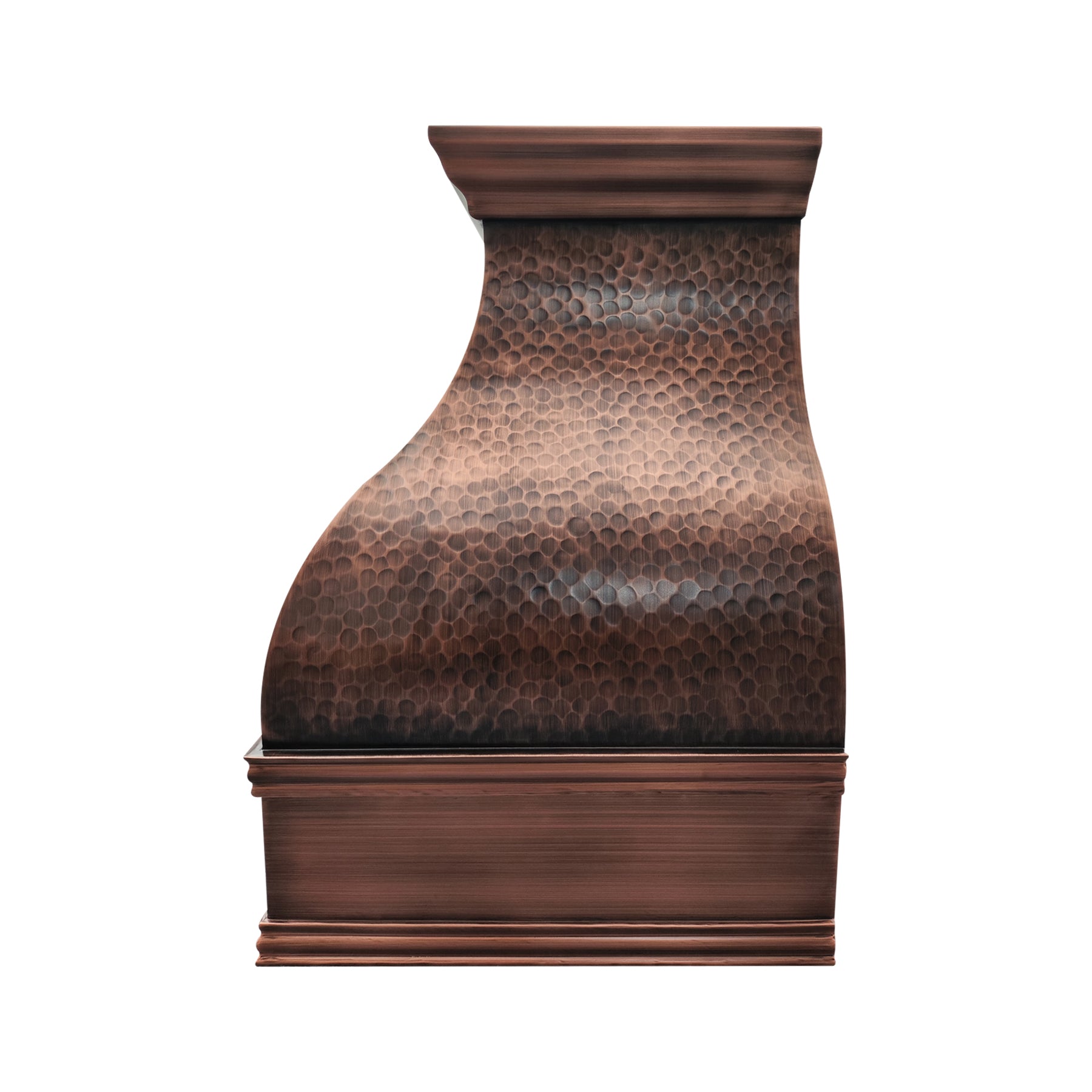 CKH copper vent hood featuring hand-hammered texture, a gracefully curved silhouette for timeless kitchen elegance.