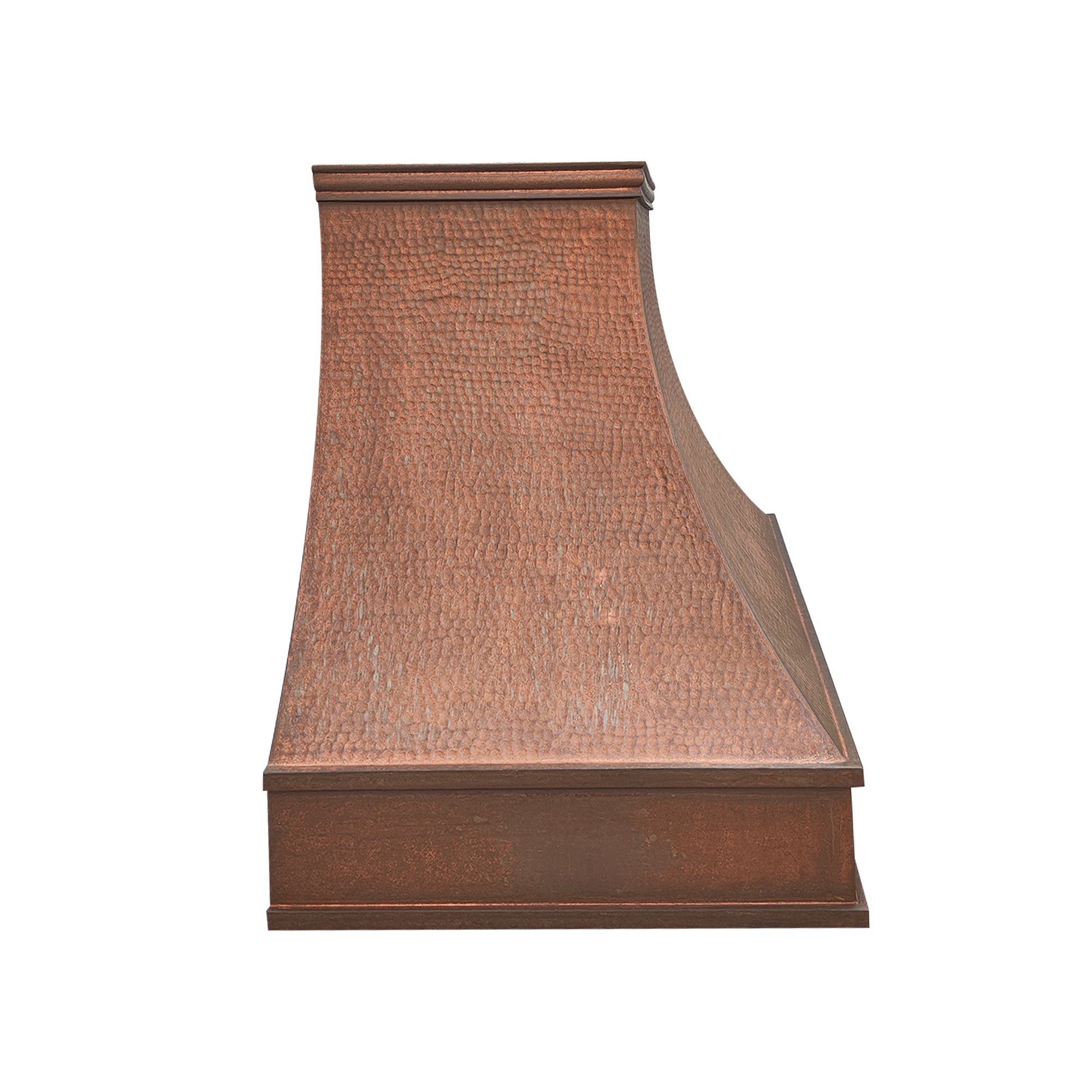 CKH hammered copper range hood with a curved silhouette serves as a stylish centerpiece in a modern kitchen
