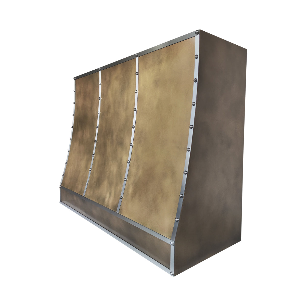 CKH-B21 sloped brass range hood showing brushed stainless steel strap detailing