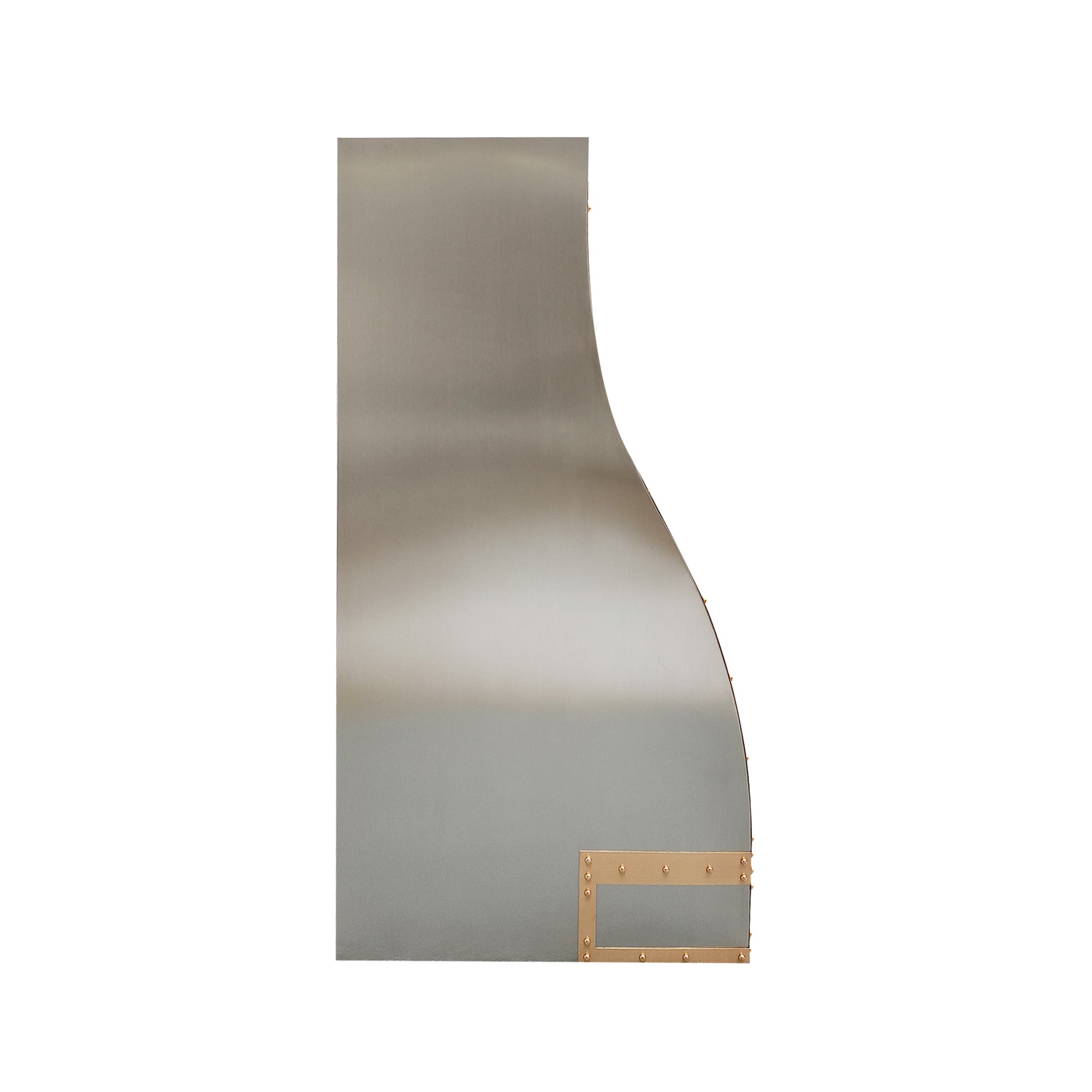 CKH stainless steel range hood with brass rivet accents and vertical brass strips, exhibiting an industrial-inspired design and sleek metal craftsmanship.