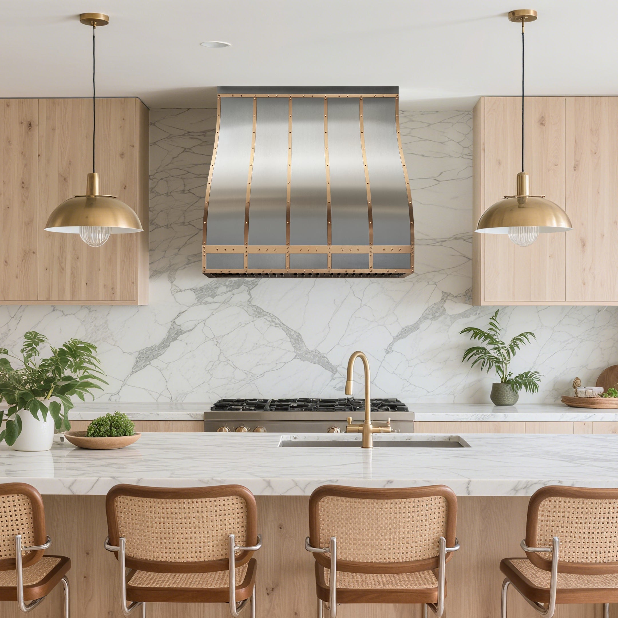 CKH stainless steel range hood with brass rivet accents and vertical brass strips, exhibiting an industrial-inspired design and sleek metal craftsmanship.