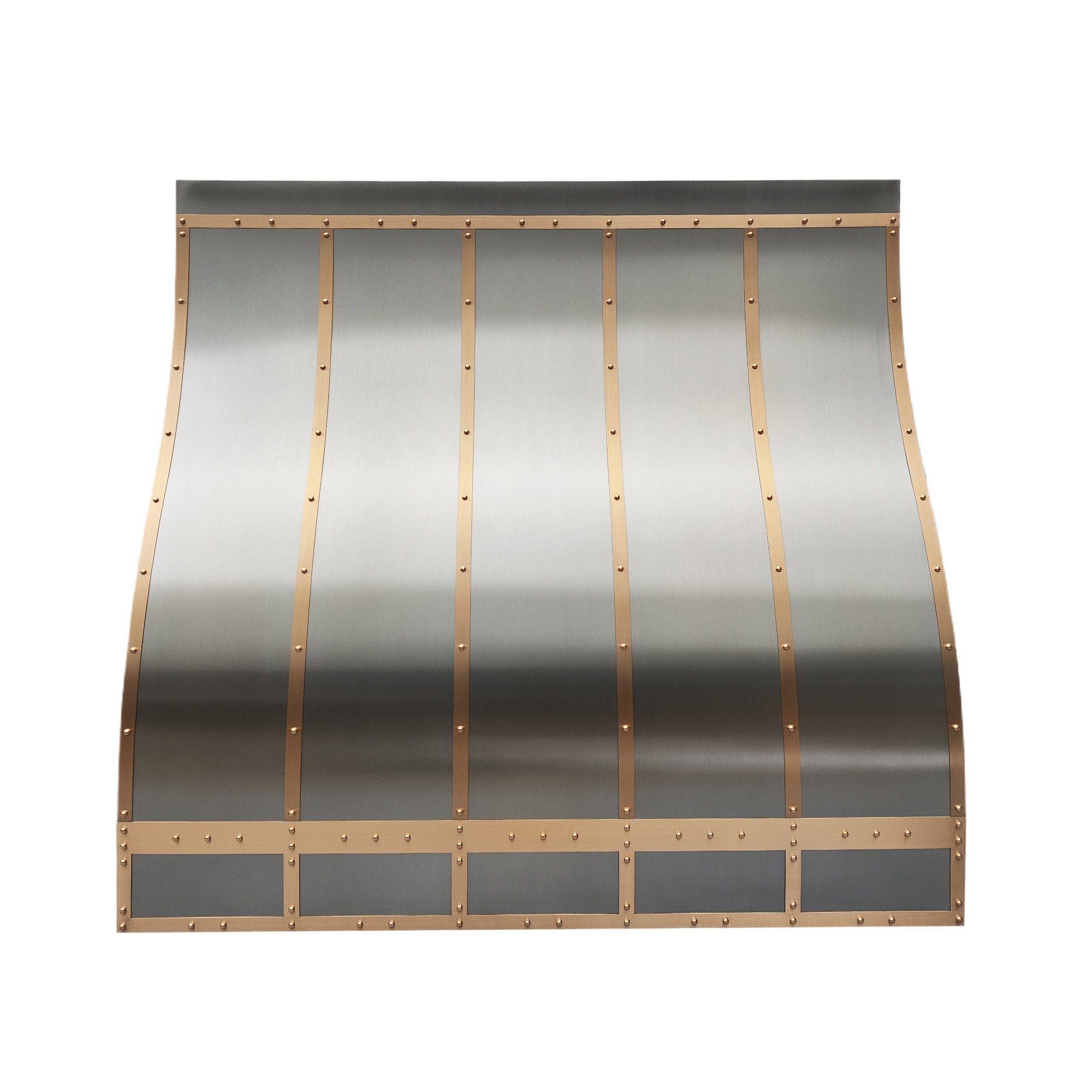 CKH stainless steel range hood with brass rivet accents and vertical brass strips, exhibiting an industrial-inspired design and sleek metal craftsmanship.