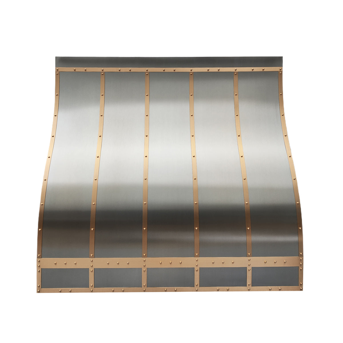 CKH stainless steel range hood with brass rivet accents and vertical brass strips, exhibiting an industrial-inspired design and sleek metal craftsmanship.