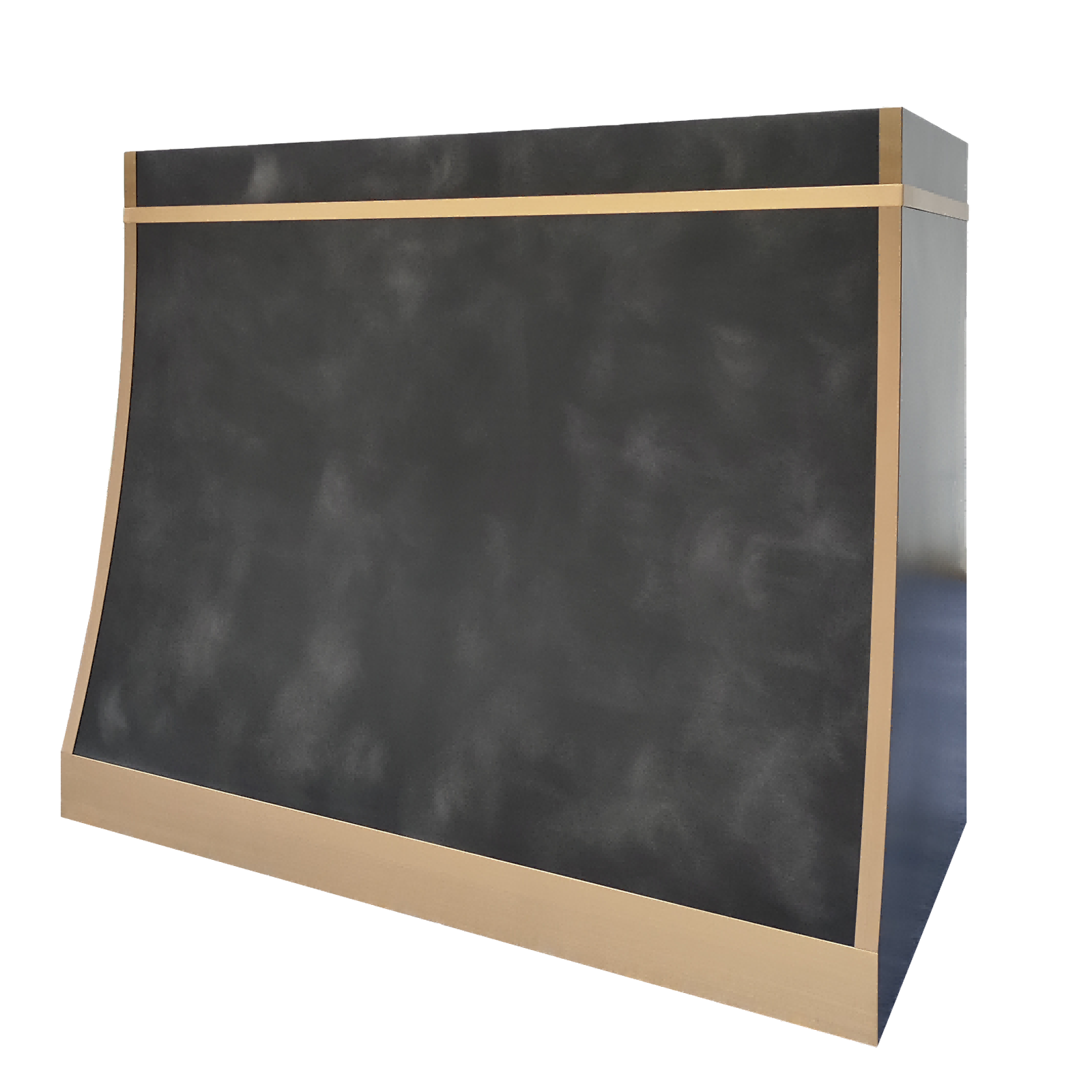 CKH modern zinc range hood featuring sleek brass accent trim, a textured dark finish, and refined contemporary design.