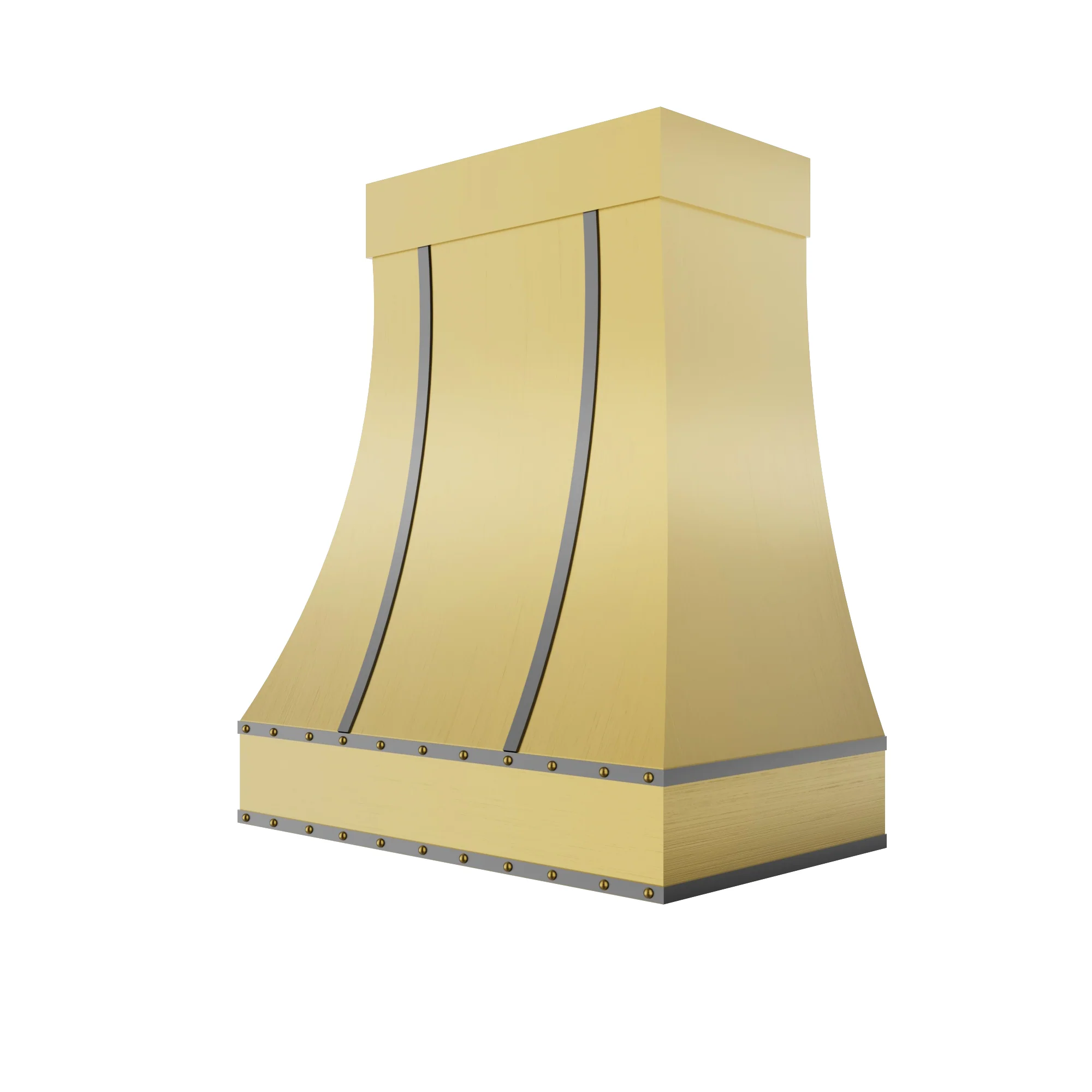 Handmade brushed brass vent hood wall mounted over gas stove