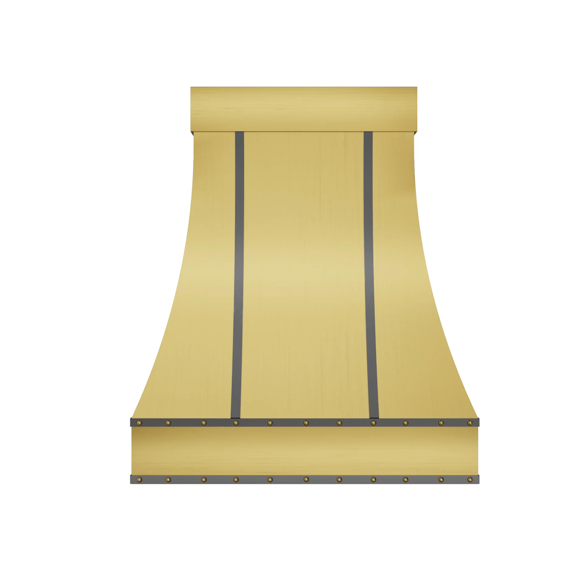 Handmade brushed brass vent hood wall mounted over gas stove