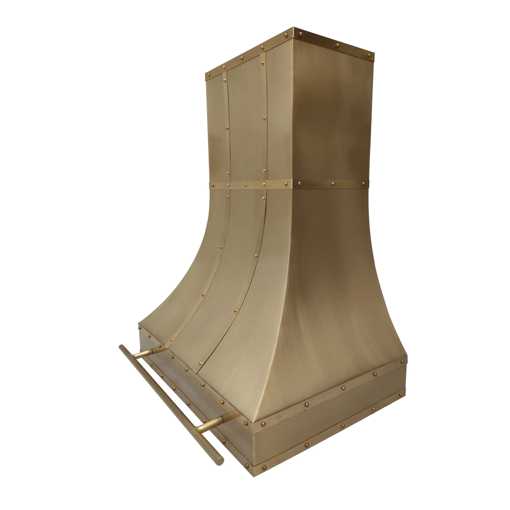 CKH vintage-style brass range hood with a curved silhouette, rivet detailing, and an integrated brass handle, showcasing artisan craftsmanship.