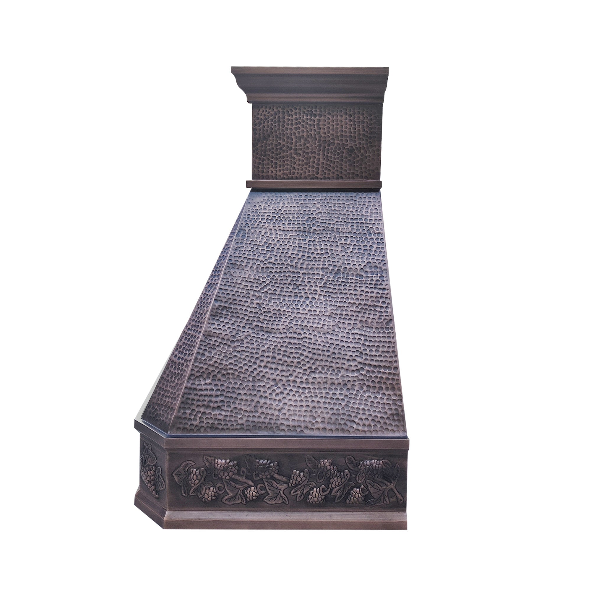 CKH handcrafted copper range hood with intricate grapevine floral detailing and hand-hammered texture
