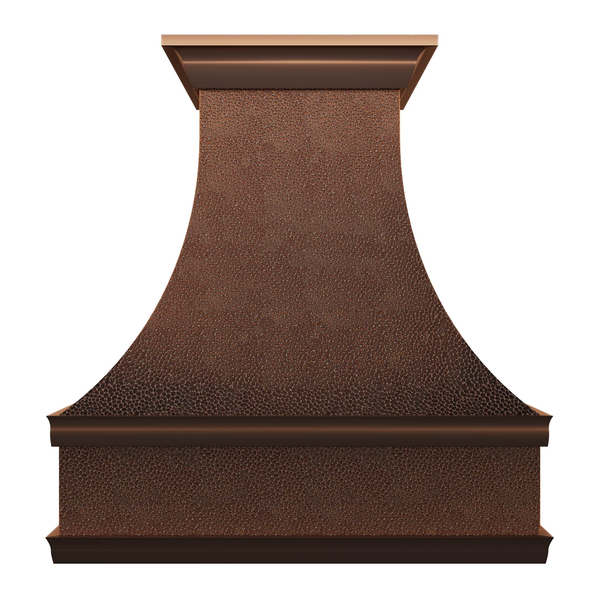Handmade curved waist copper hood with hammered texture & tiered trim, elevating rustic elegant kitchen