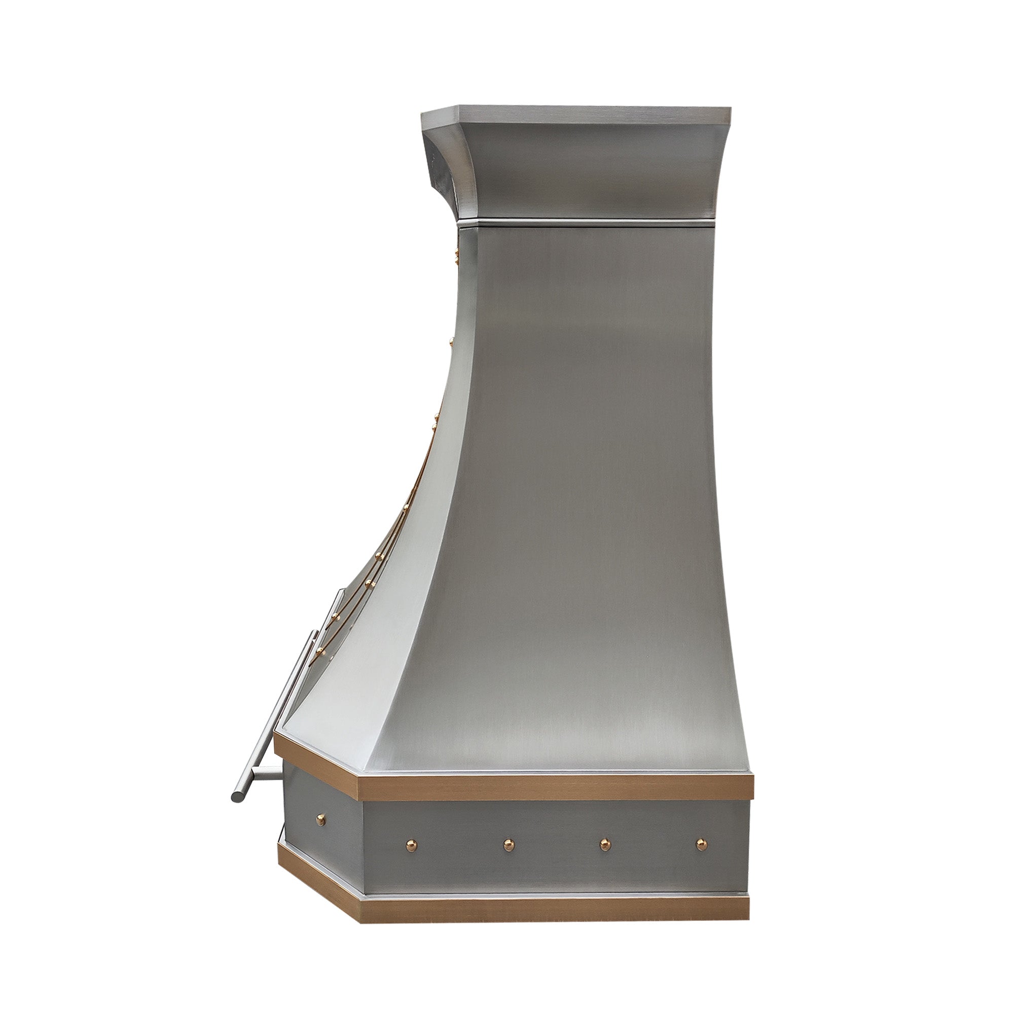 stainless steel range hood with brass accents and rivet detailing, designed for Vintage industrial kitchen.